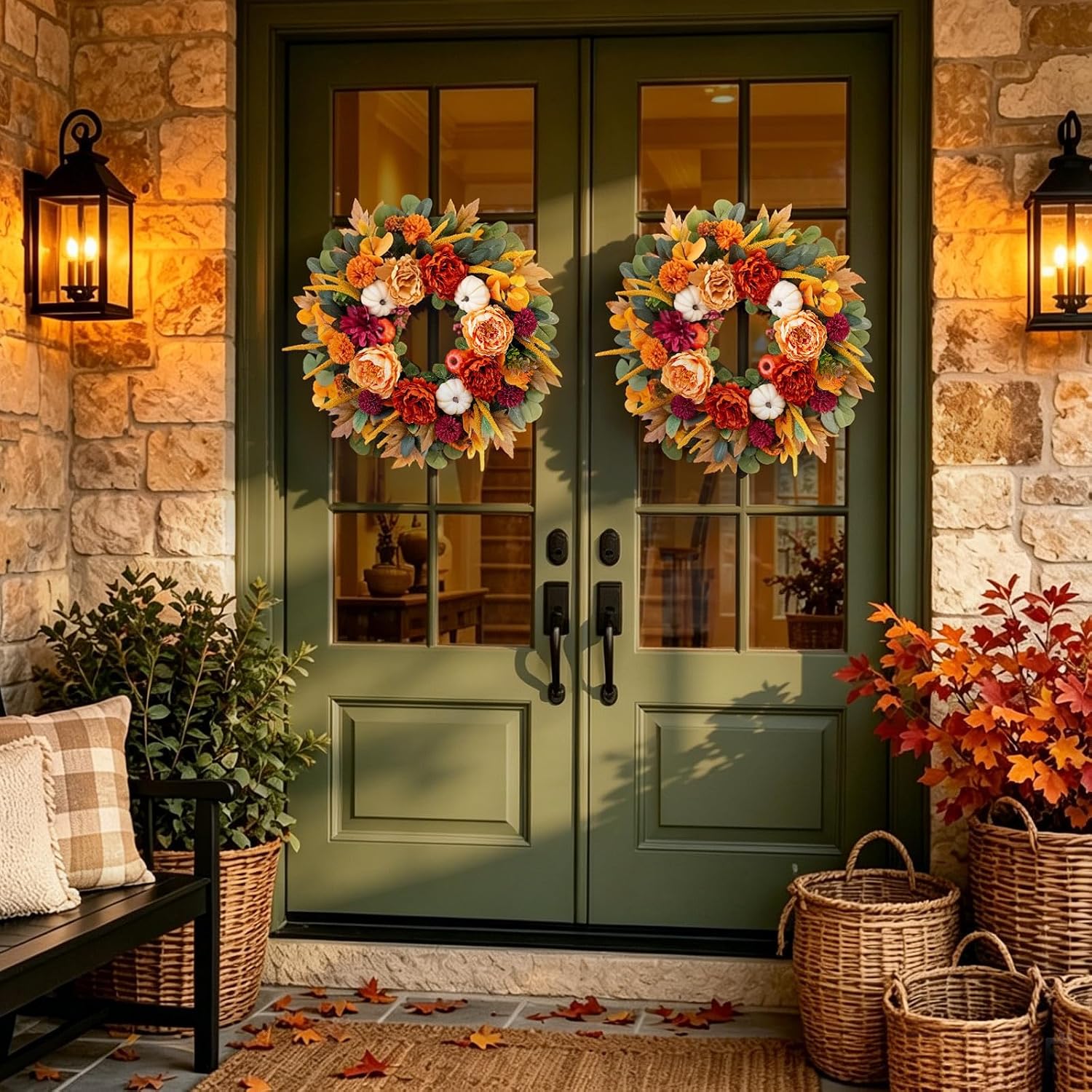 24" Artificial Fall Wreath: Orange Peony, Burgundy Dahlia, White Pumpkin. Rustic Door Decor. - Image 4