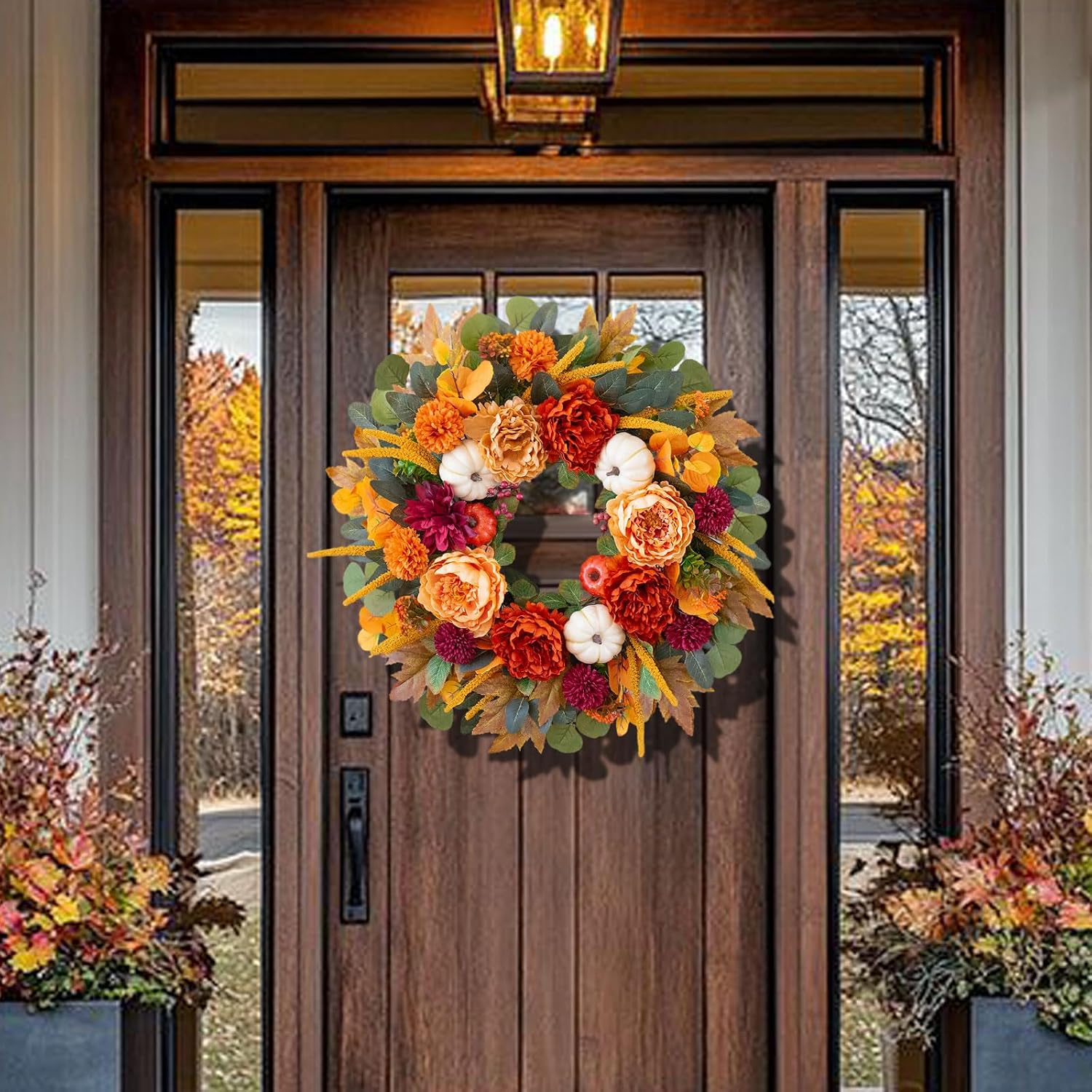 24" Artificial Fall Wreath: Orange Peony, Burgundy Dahlia, White Pumpkin. Rustic Door Decor. - Image 5