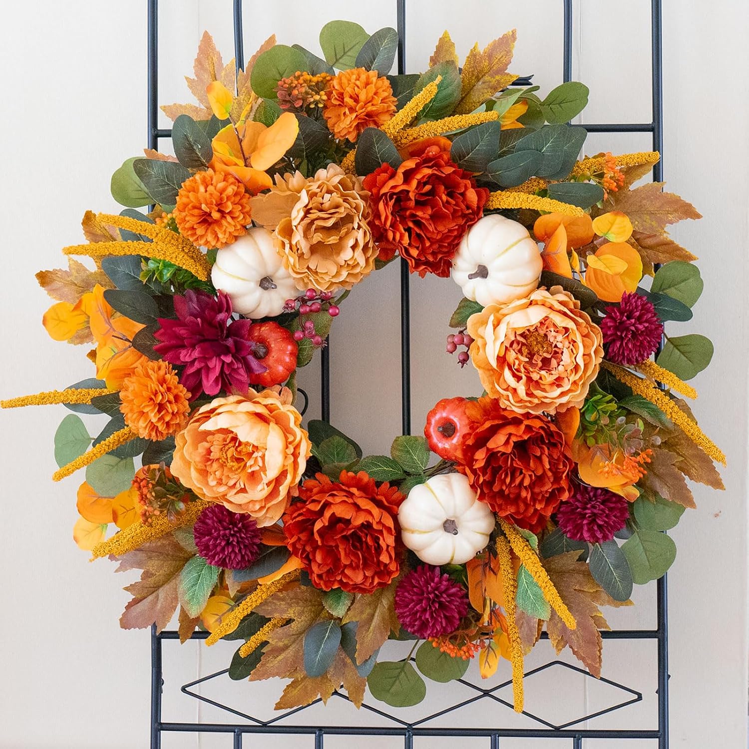 24" Artificial Fall Wreath: Orange Peony, Burgundy Dahlia, White Pumpkin. Rustic Door Decor. - Image 6