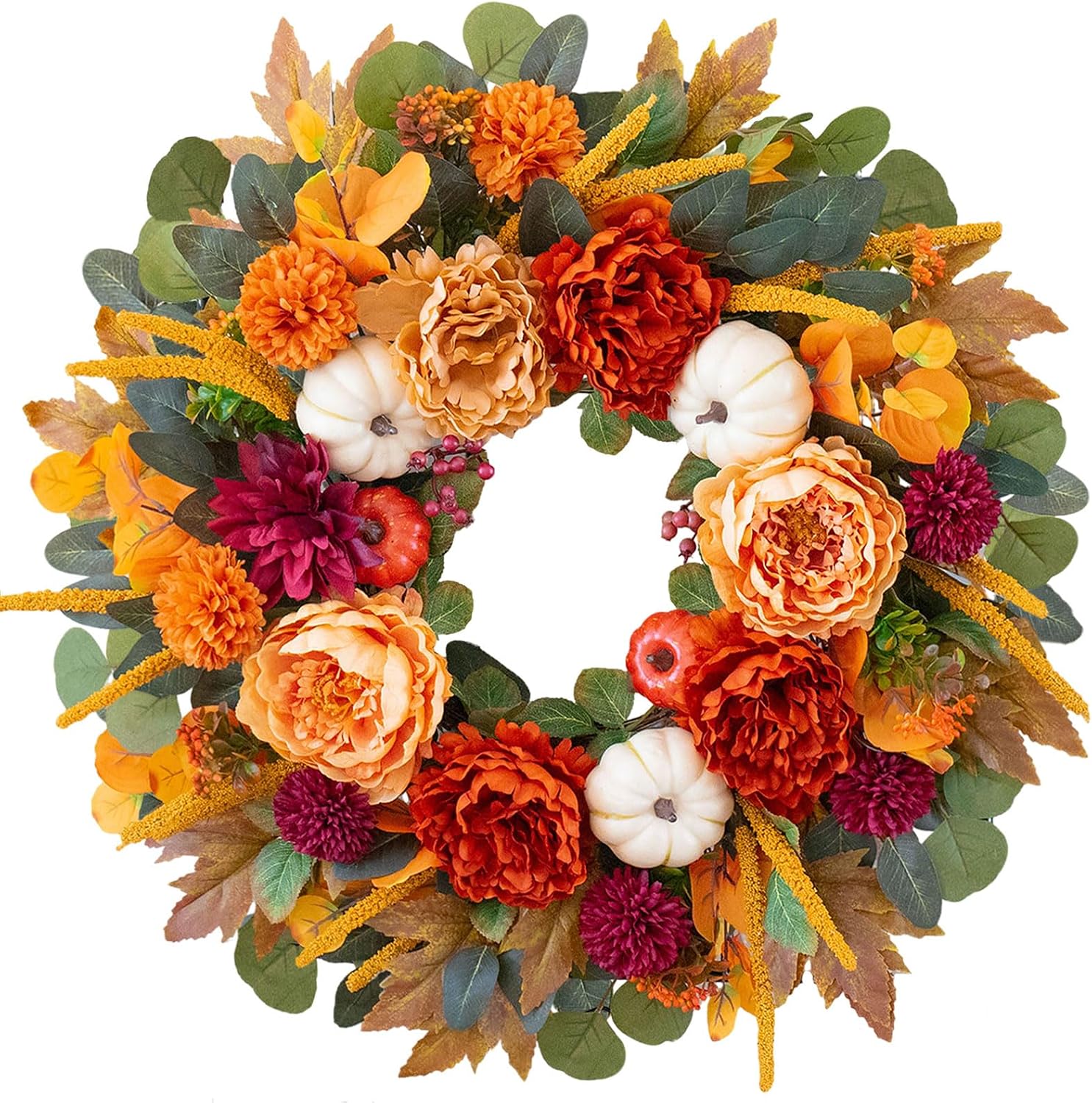 24" Artificial Fall Wreath: Orange Peony, Burgundy Dahlia, White Pumpkin. Rustic Door Decor. - Image 7