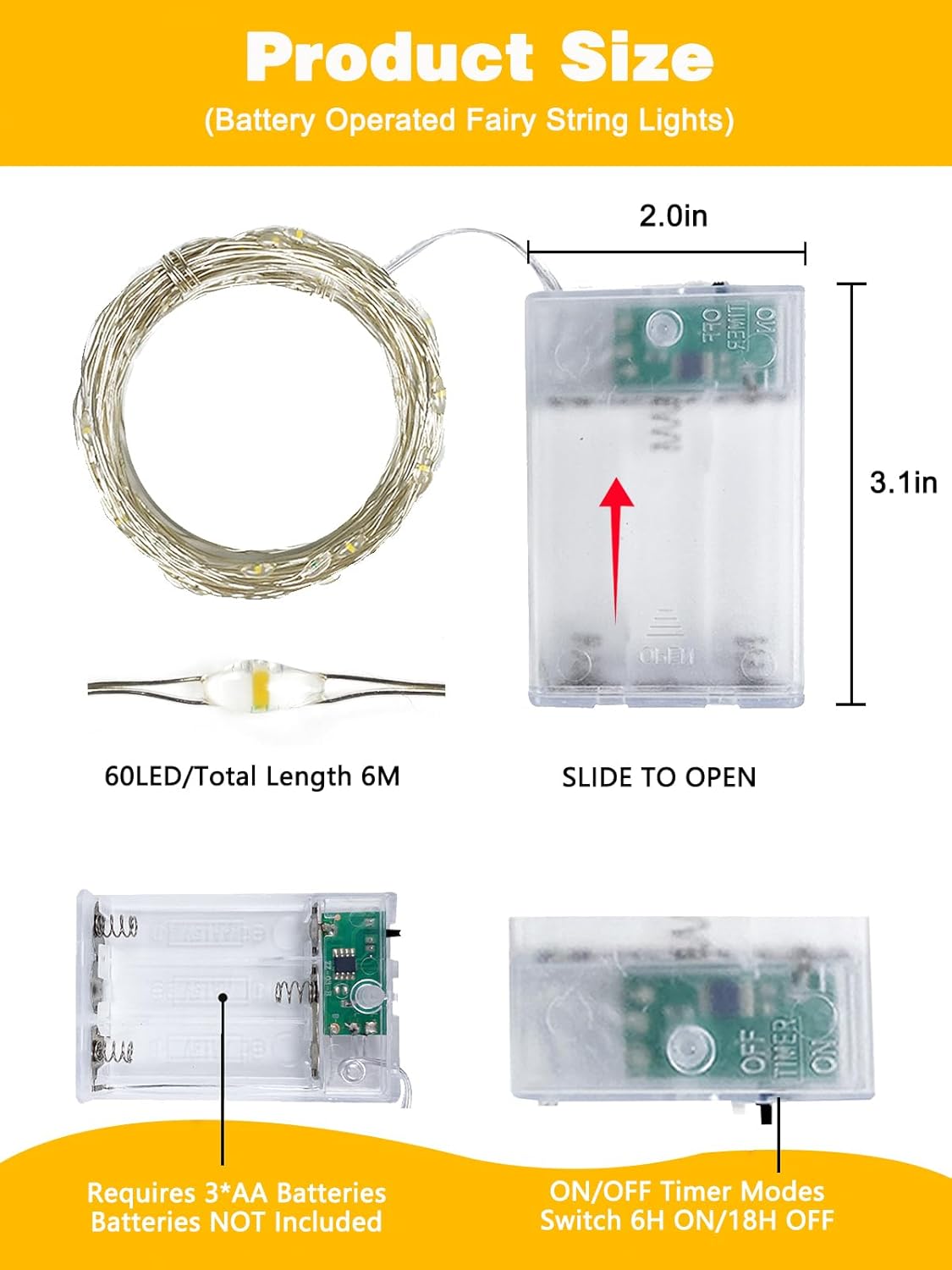 6-Pack Warm White Battery Fairy Lights w/ Timer. Cuttable, Waterproof Decor. - Image 5