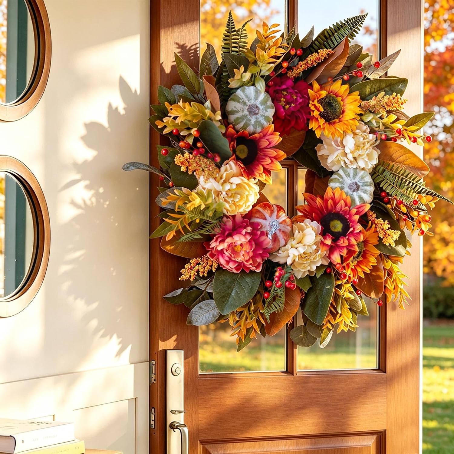 24" Artificial Outdoor Fall Wreath w/ Sunflowers, Pumpkin for Door/Porch - Image 2