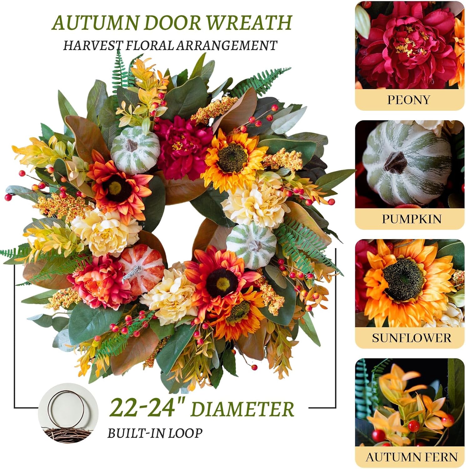 24" Artificial Outdoor Fall Wreath w/ Sunflowers, Pumpkin for Door/Porch - Image 3