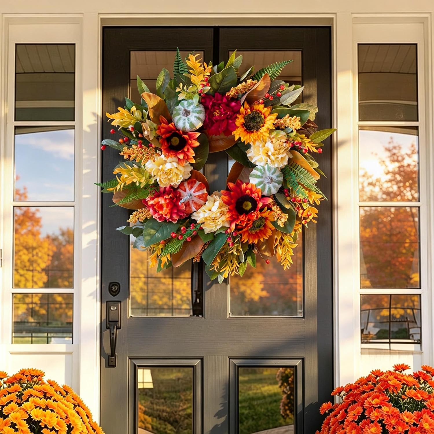 24" Artificial Outdoor Fall Wreath w/ Sunflowers, Pumpkin for Door/Porch - Image 4