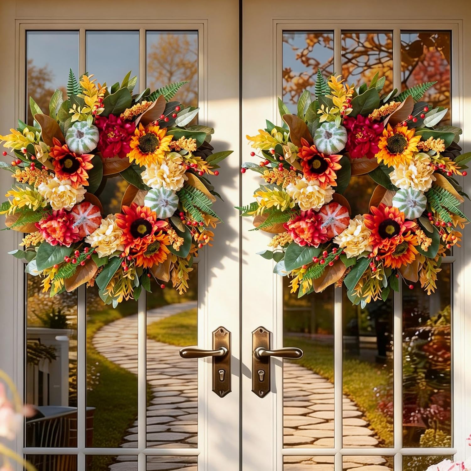 24" Artificial Outdoor Fall Wreath w/ Sunflowers, Pumpkin for Door/Porch - Image 5