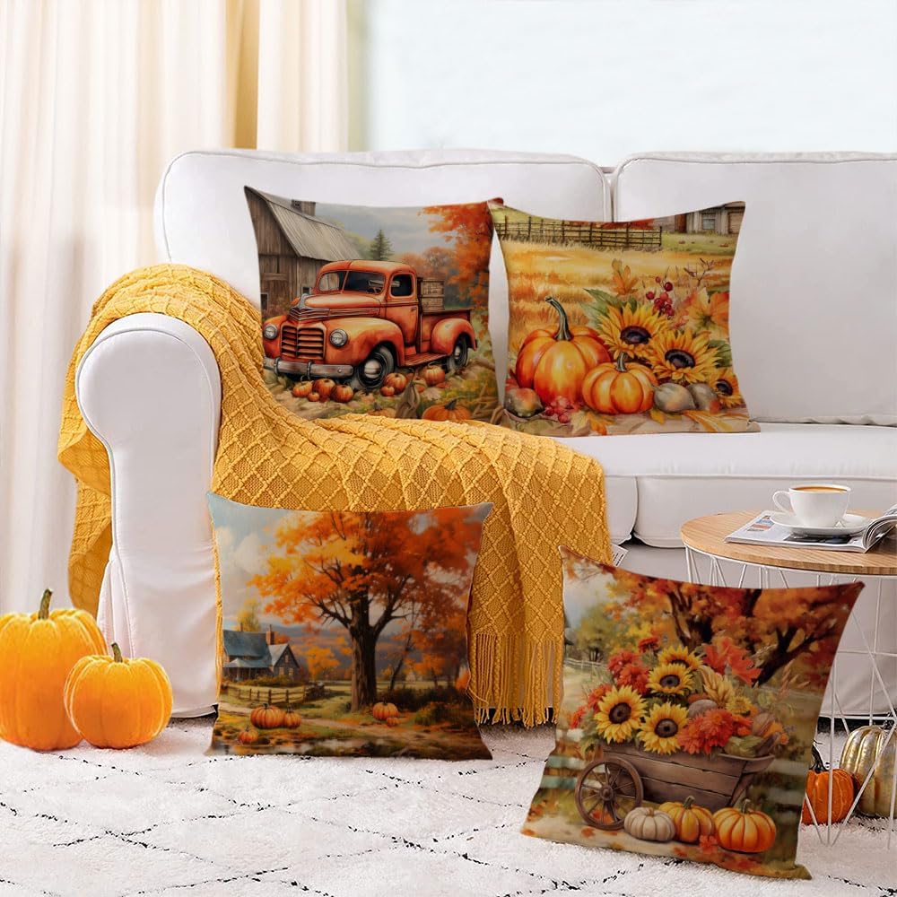 Set of 4 Fall Thanksgiving Pumpkin Sunflower 18x18 Decor Pillow Covers - Image 5
