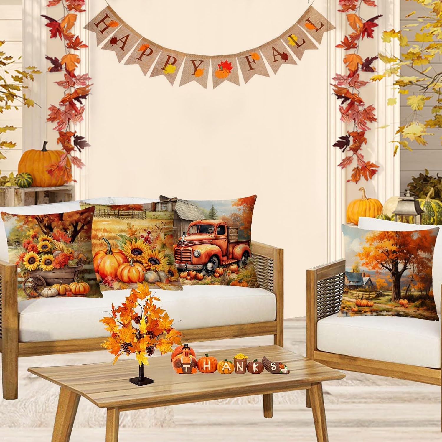 Set of 4 Fall Thanksgiving Pumpkin Sunflower 18x18 Decor Pillow Covers - Image 6