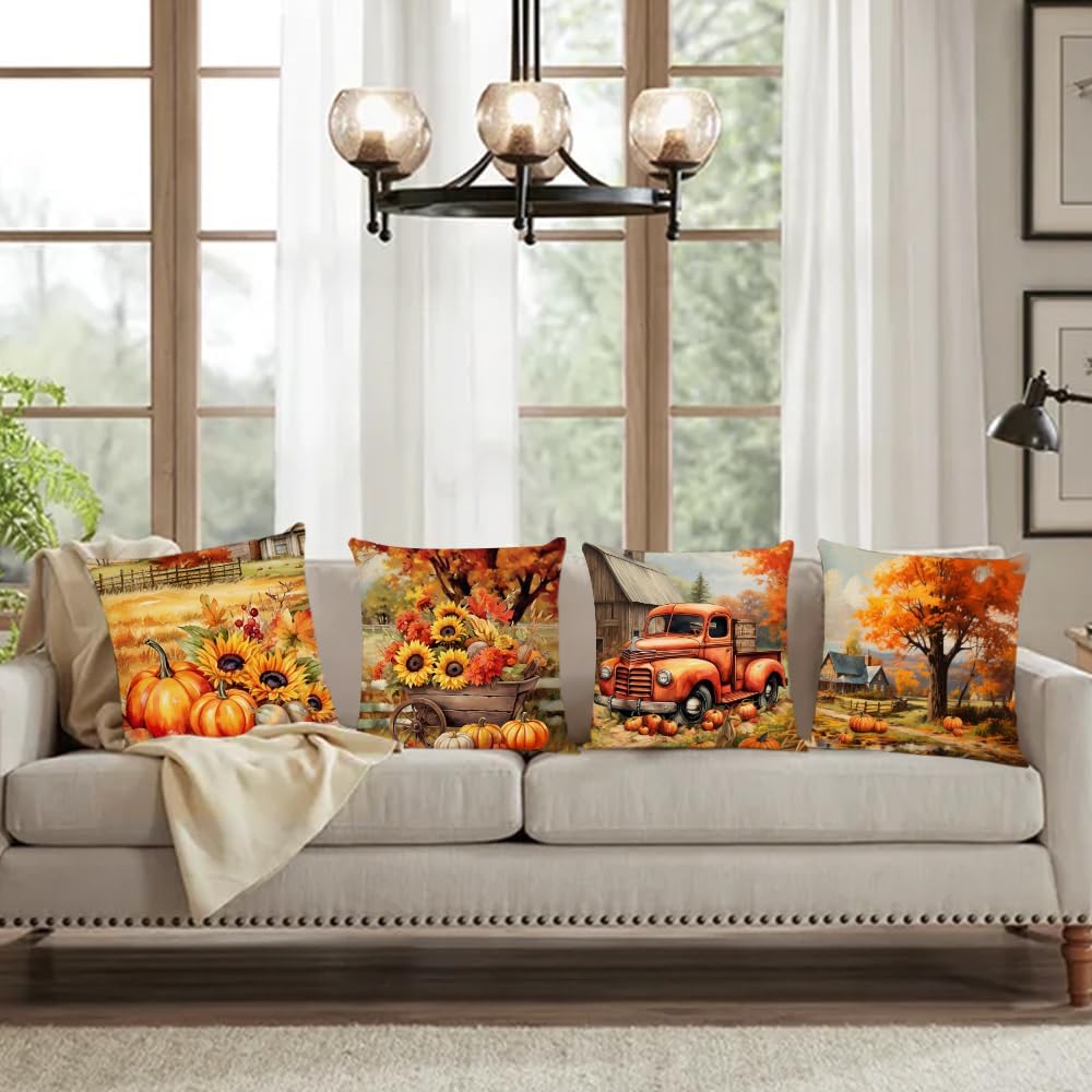 Set of 4 Fall Thanksgiving Pumpkin Sunflower 18x18 Decor Pillow Covers - Image 7