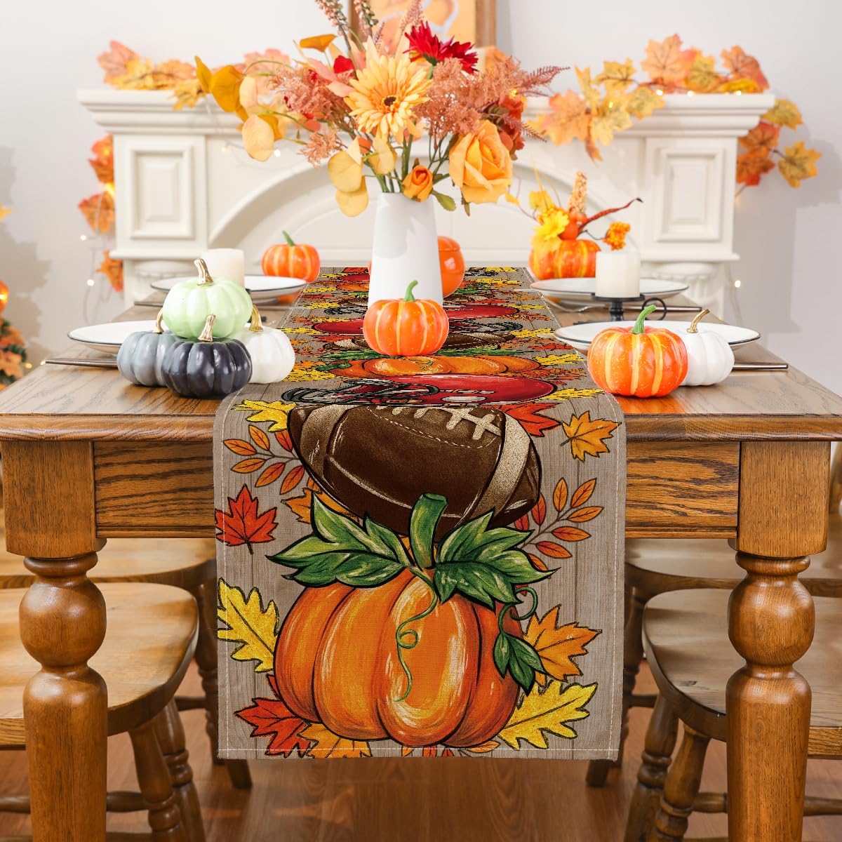 Fall Football Pumpkin Table Runner - Autumn Dining & Party Decor 13x36 - Image 3