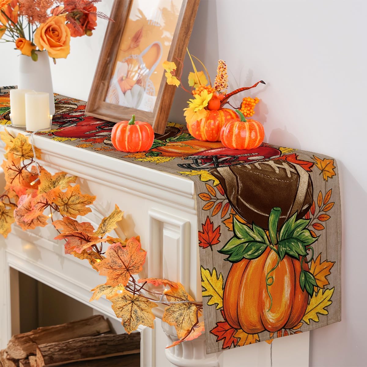 Fall Football Pumpkin Table Runner - Autumn Dining & Party Decor 13x36 - Image 4