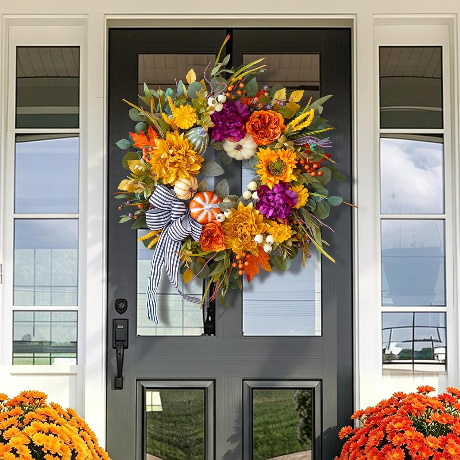 24" Artificial Fall Wreath: Rustic Autumn Door Decor w/ Bow & Pumpkins - Image 3