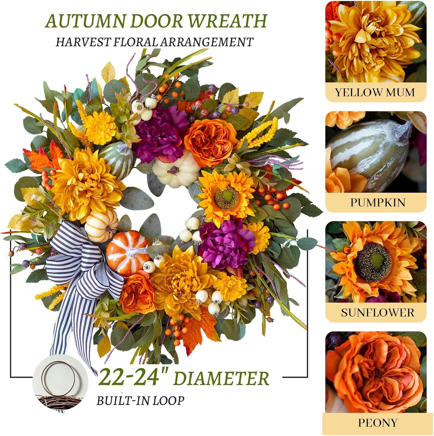 24" Artificial Fall Wreath: Rustic Autumn Door Decor w/ Bow & Pumpkins - Image 4