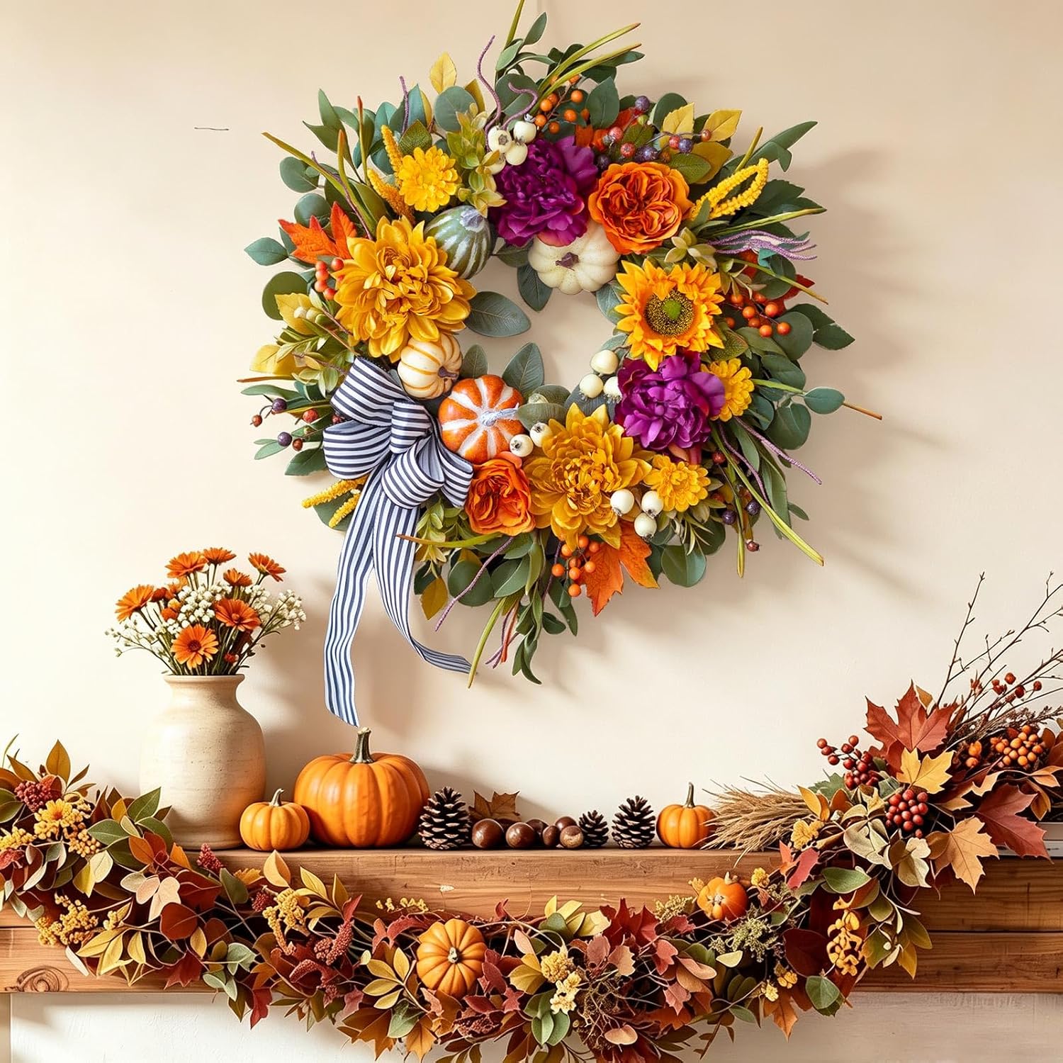 24" Artificial Fall Wreath: Rustic Autumn Door Decor w/ Bow & Pumpkins - Image 5