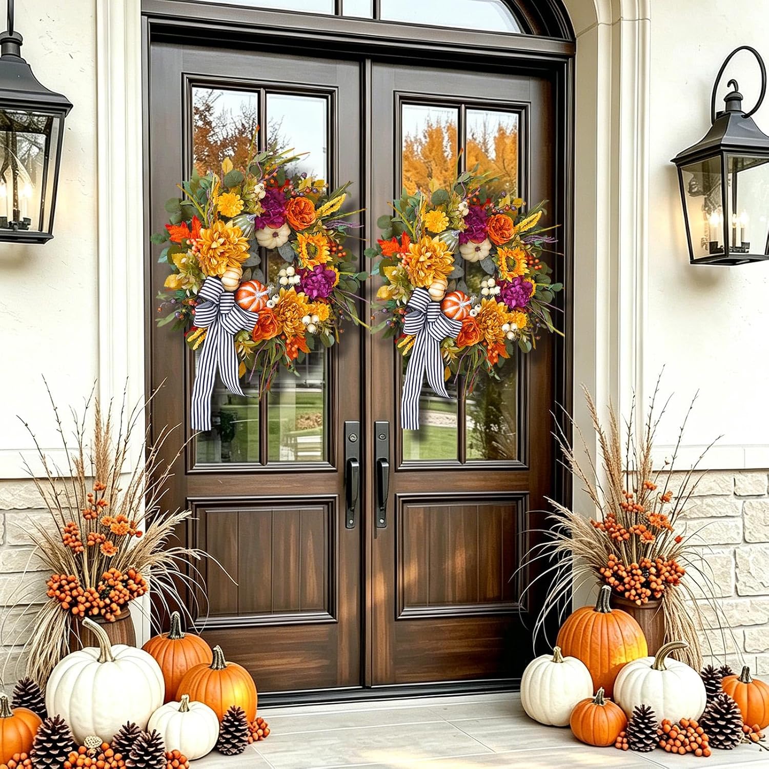 24" Artificial Fall Wreath: Rustic Autumn Door Decor w/ Bow & Pumpkins - Image 6