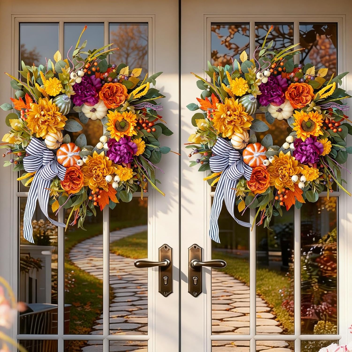 24" Artificial Fall Wreath: Rustic Autumn Door Decor w/ Bow & Pumpkins - Image 7