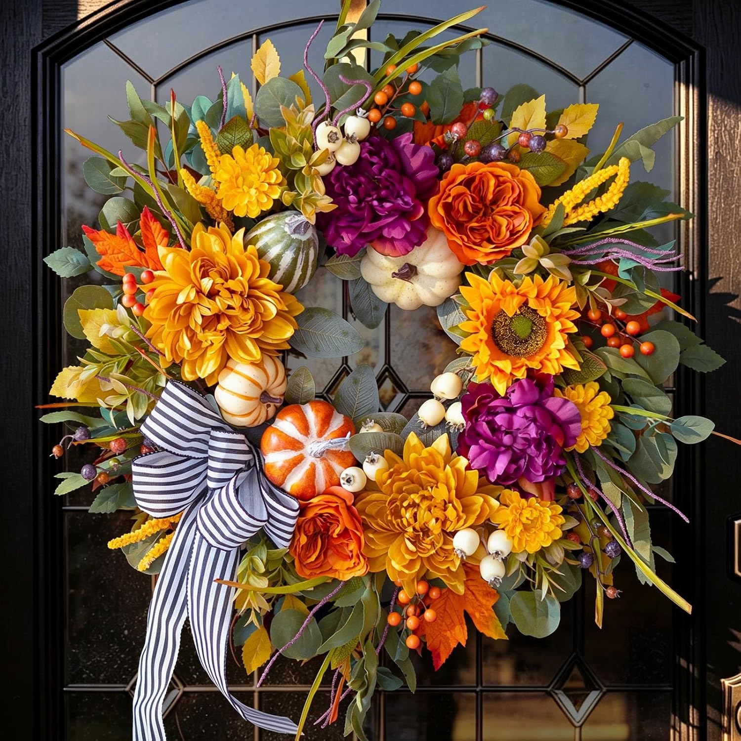 24" Artificial Fall Wreath: Rustic Autumn Door Decor w/ Bow & Pumpkins - Image 8