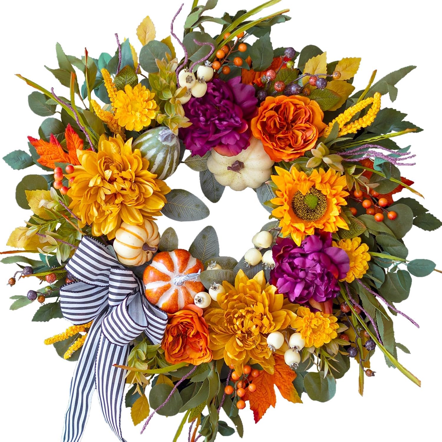 24" Artificial Fall Wreath: Rustic Autumn Door Decor w/ Bow & Pumpkins - Image 9
