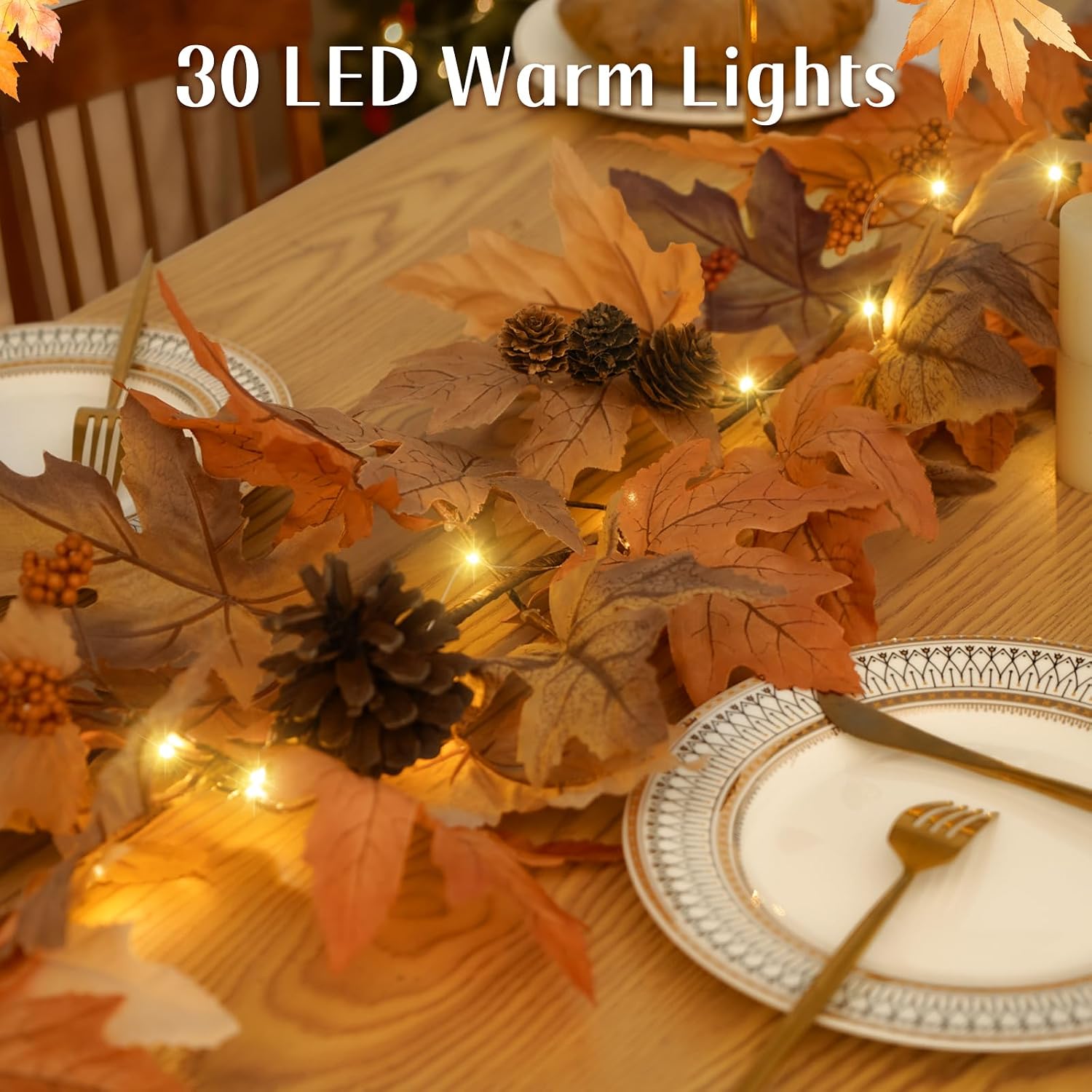 6ft Lighted Fall Garland Review: Maple Leaves, Berries, Pine Cones, Timer LEDs - Image 3