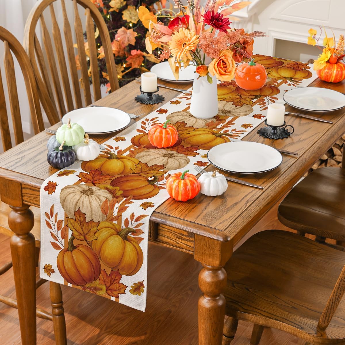 Autumn Thanksgiving Table Runner: Maple Leaf & Pumpkin Decor - Image 2