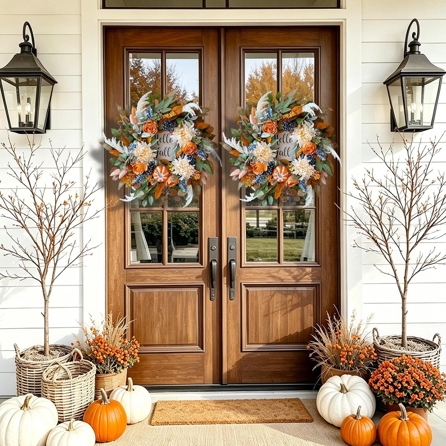 24" Artificial Fall Door Wreath: Rose, Dahlia, Hello Fall Sign. Indoor/Outdoor Farmhouse. - Image 3
