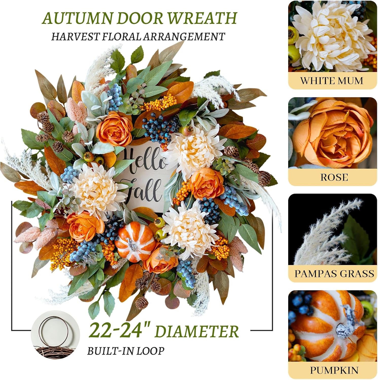 24" Artificial Fall Door Wreath: Rose, Dahlia, Hello Fall Sign. Indoor/Outdoor Farmhouse. - Image 4
