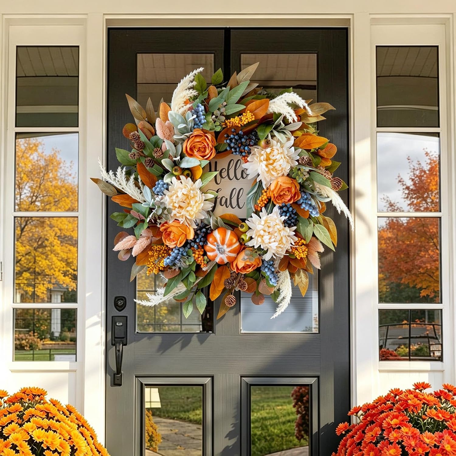 24" Artificial Fall Door Wreath: Rose, Dahlia, Hello Fall Sign. Indoor/Outdoor Farmhouse. - Image 5