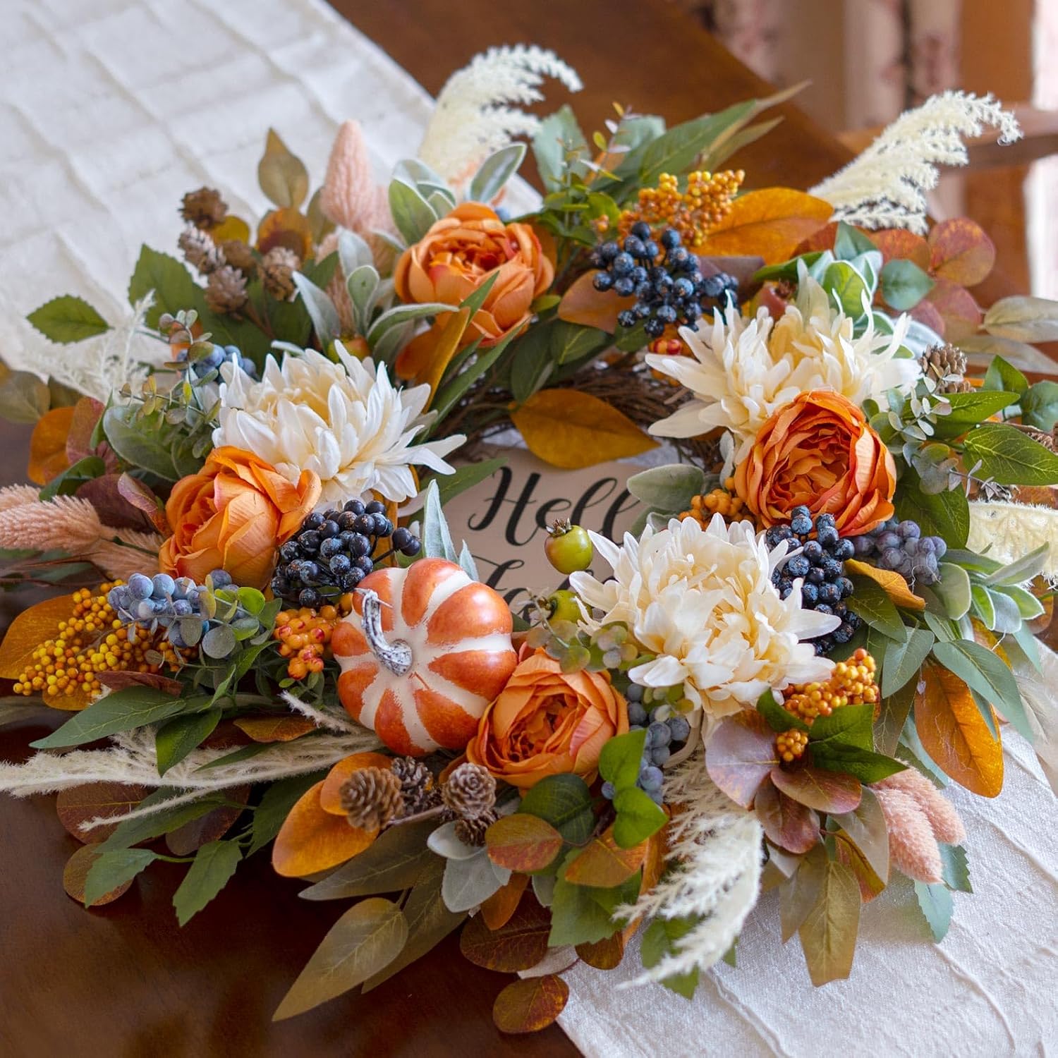 24" Artificial Fall Door Wreath: Rose, Dahlia, Hello Fall Sign. Indoor/Outdoor Farmhouse. - Image 6