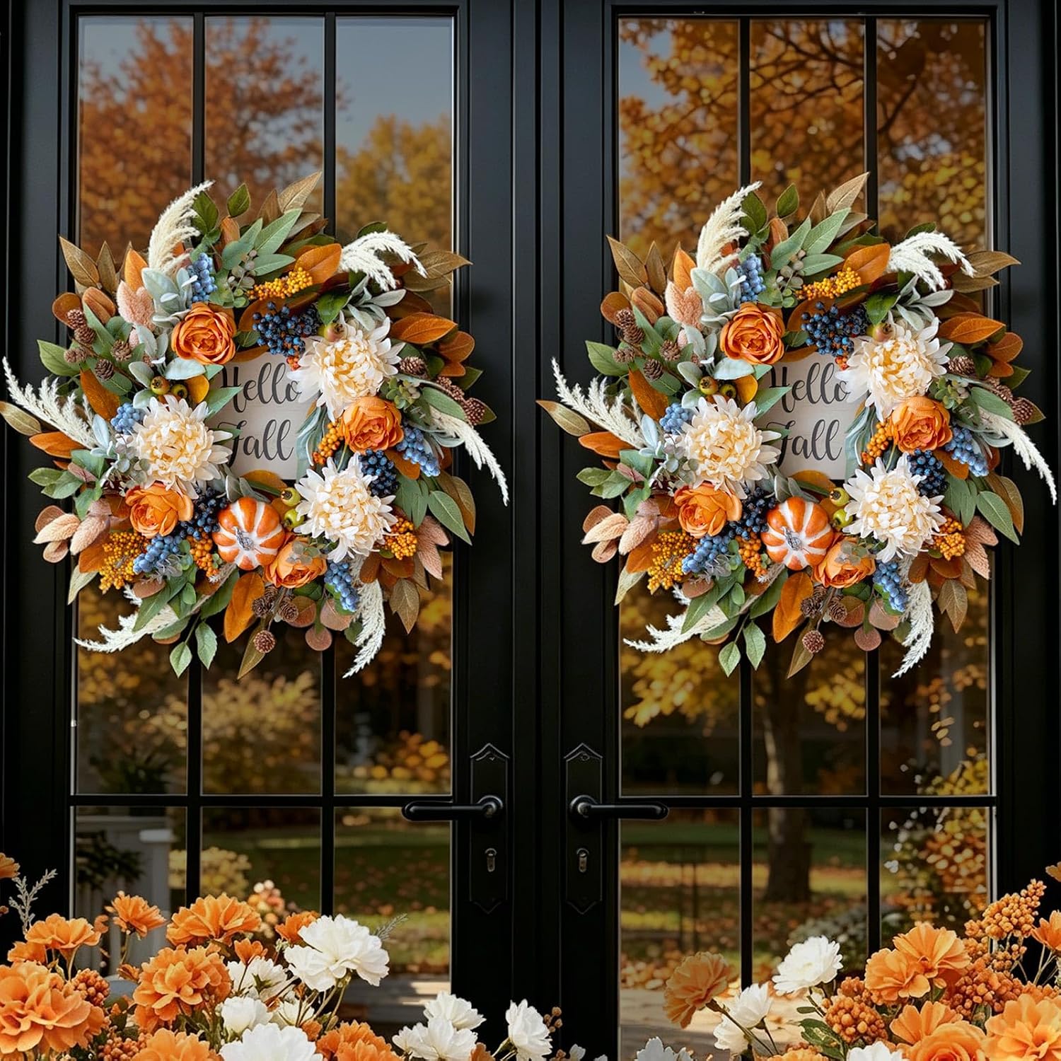 24" Artificial Fall Door Wreath: Rose, Dahlia, Hello Fall Sign. Indoor/Outdoor Farmhouse. - Image 7