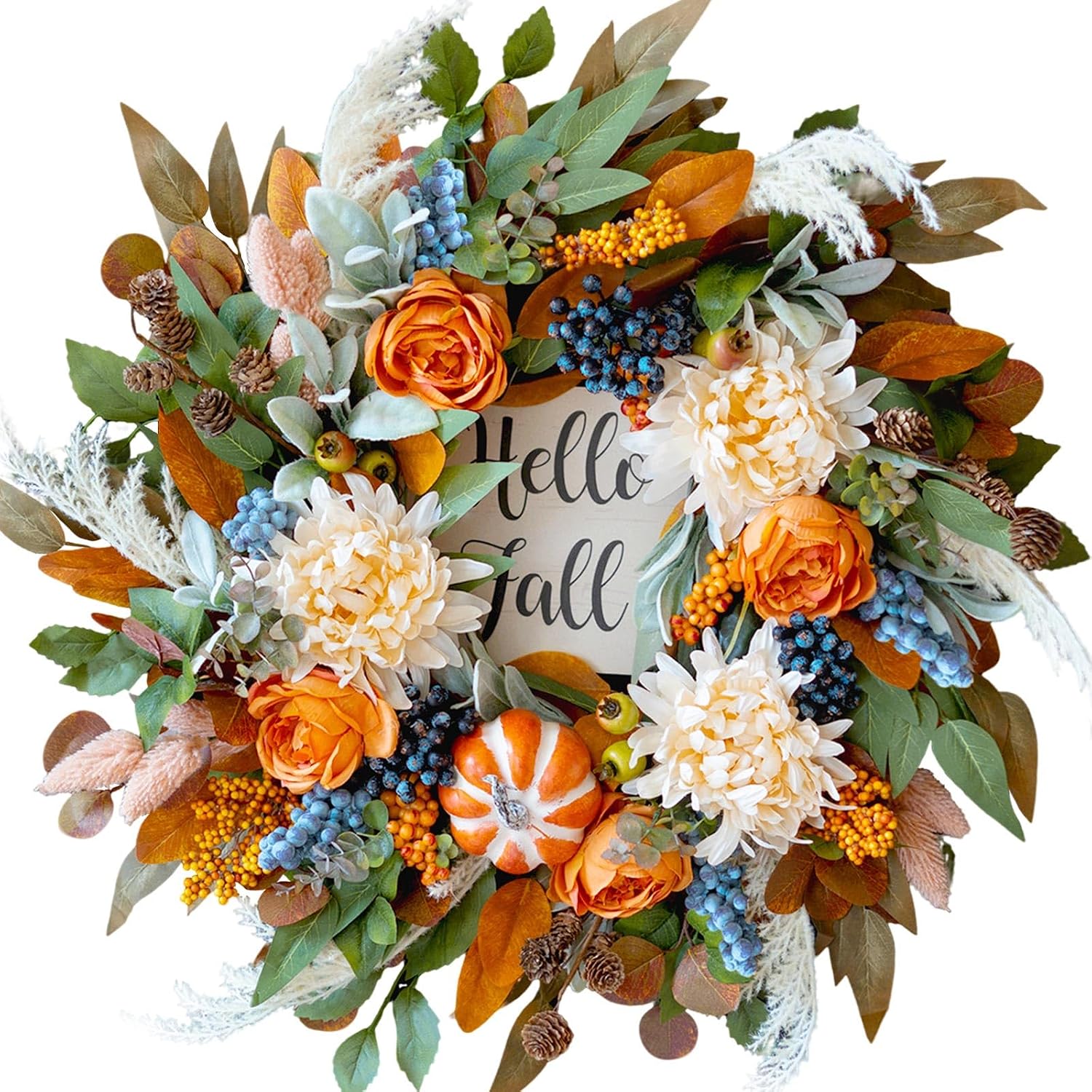 24" Artificial Fall Door Wreath: Rose, Dahlia, Hello Fall Sign. Indoor/Outdoor Farmhouse. - Image 8