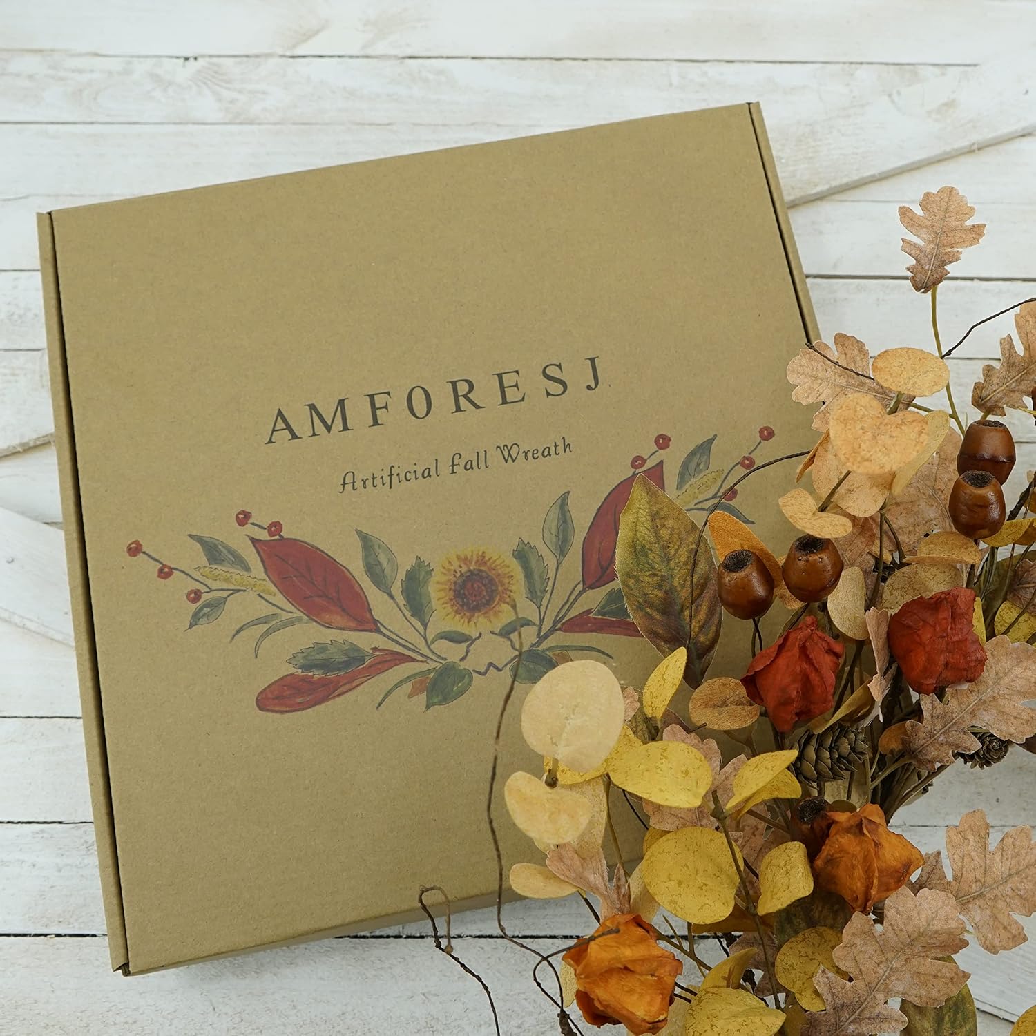 Artificial Autumn Wreath: Golden Eucalyptus & Oak Leaves for Door Decor - Image 3