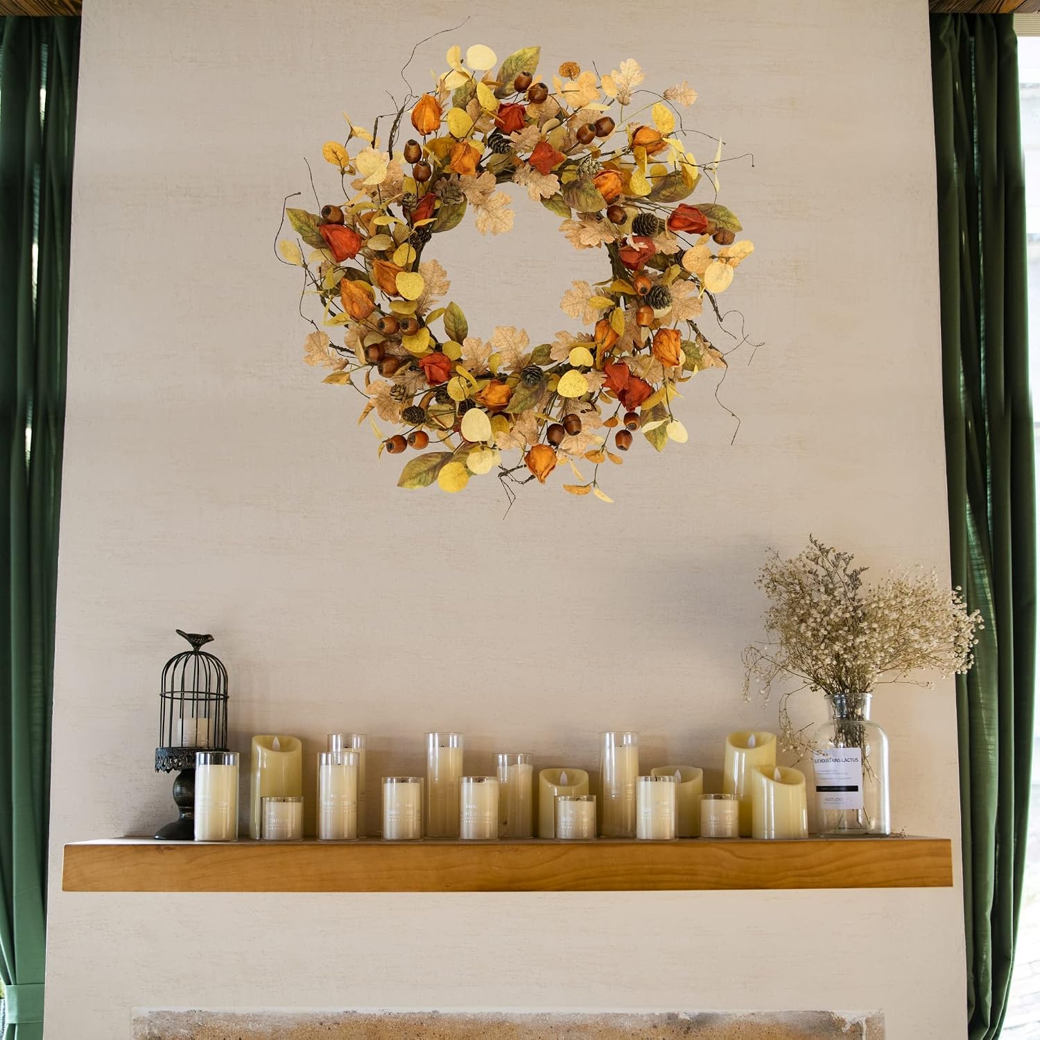 Artificial Autumn Wreath: Golden Eucalyptus & Oak Leaves for Door Decor - Image 5