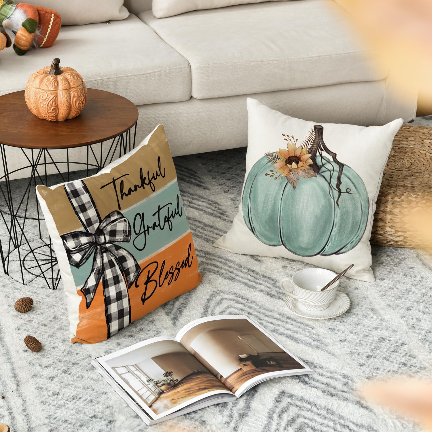 Set of 4 Fall Pumpkin 18x18 Pillow Covers: Thankful Home Sweet Home Decor - Image 3