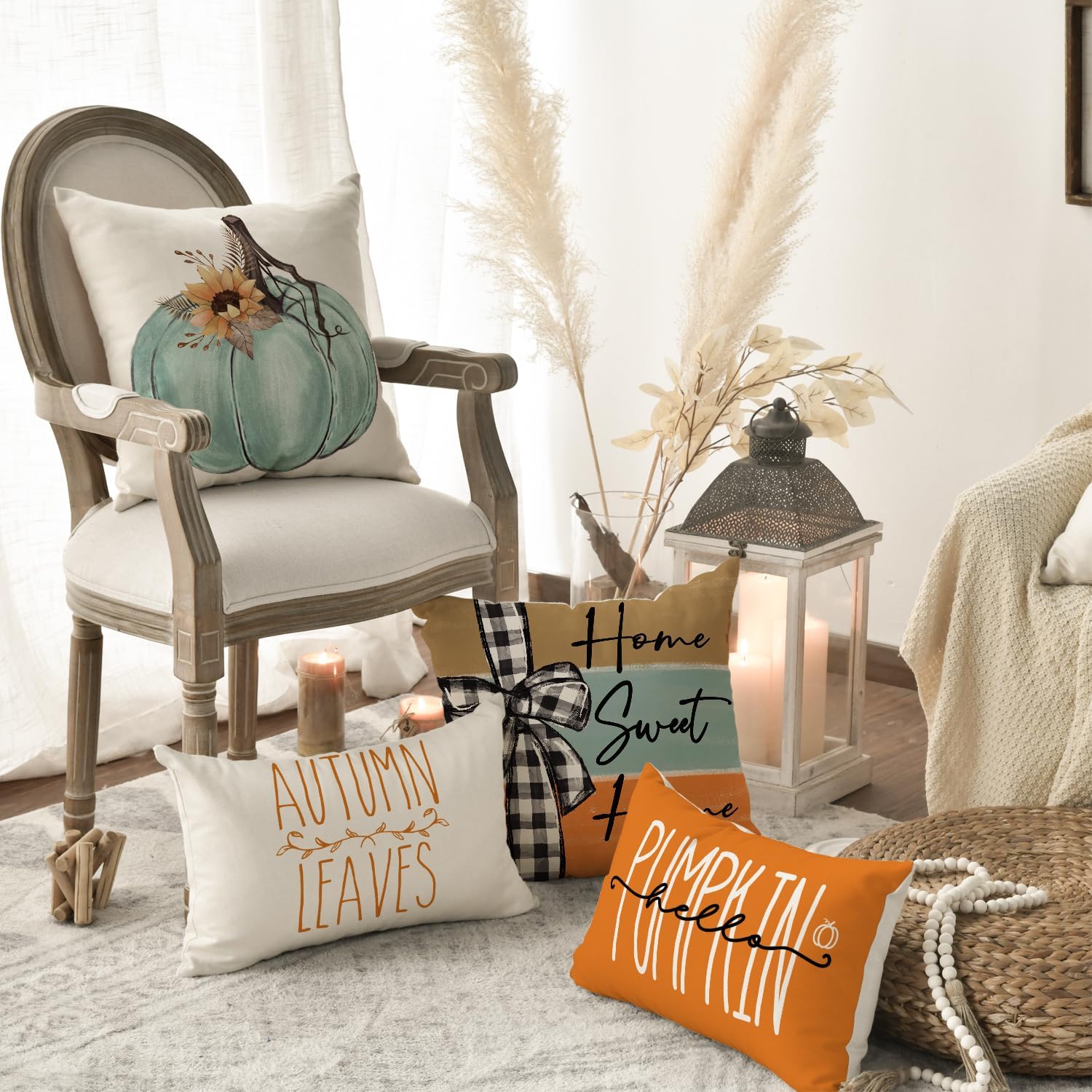 Set of 4 Fall Pumpkin 18x18 Pillow Covers: Thankful Home Sweet Home Decor - Image 4