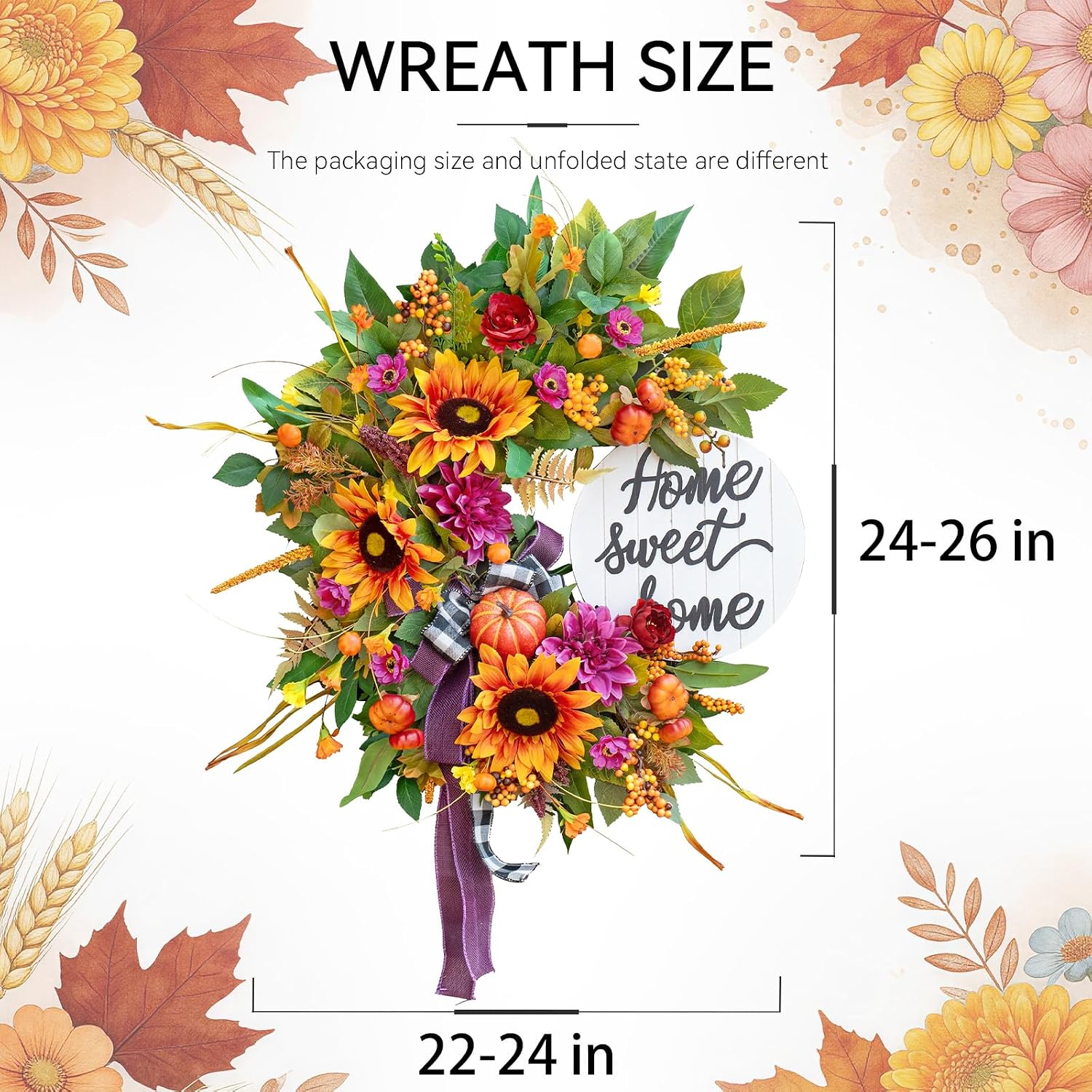 Outdoor Fall Wreath: Sunflowers, Pumpkins, Dahlias & Welcome Sign - Image 2