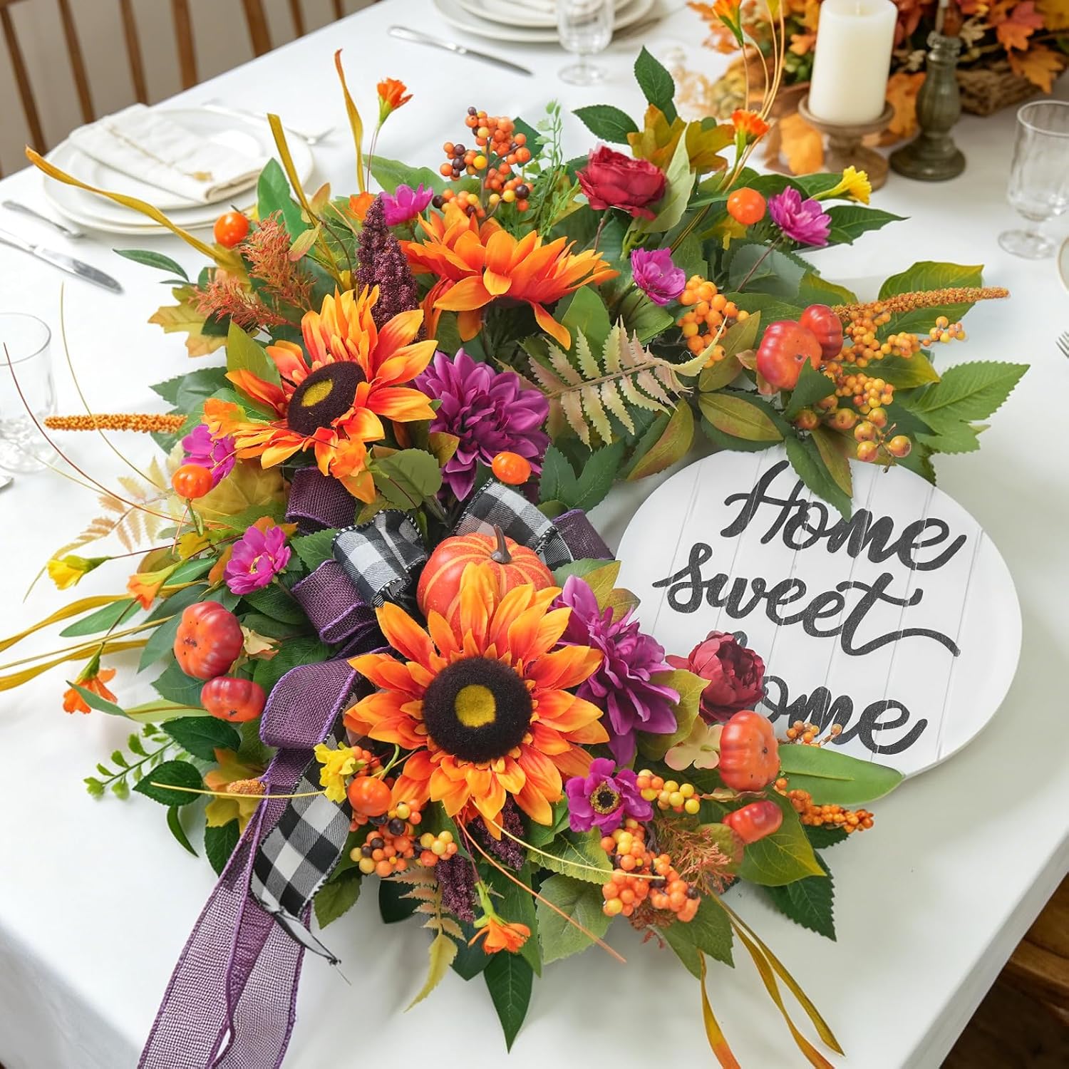 Outdoor Fall Wreath: Sunflowers, Pumpkins, Dahlias & Welcome Sign - Image 4