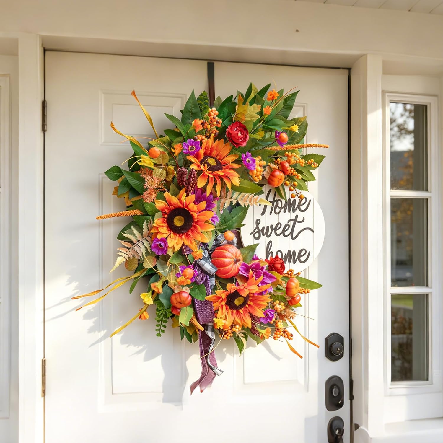 Outdoor Fall Wreath: Sunflowers, Pumpkins, Dahlias & Welcome Sign - Image 5