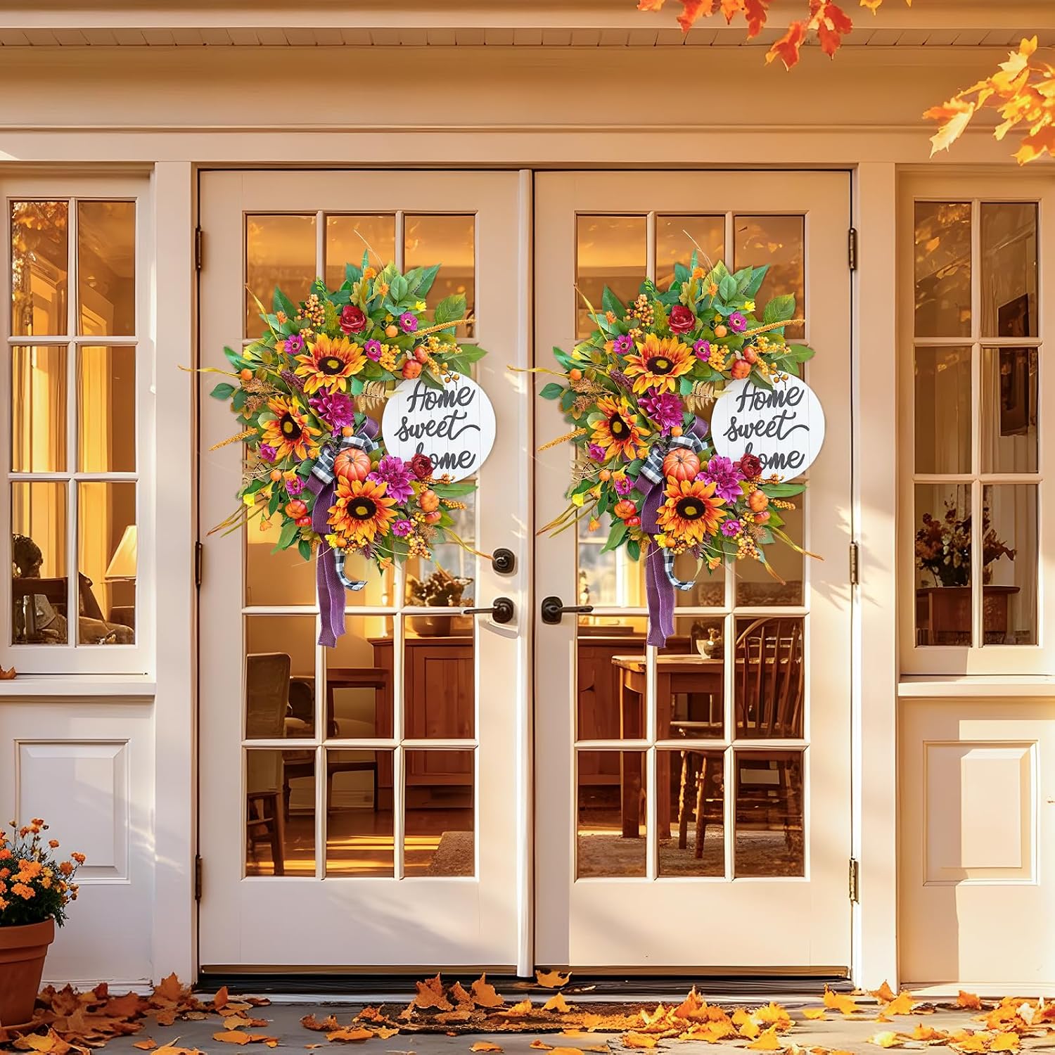 Outdoor Fall Wreath: Sunflowers, Pumpkins, Dahlias & Welcome Sign - Image 6