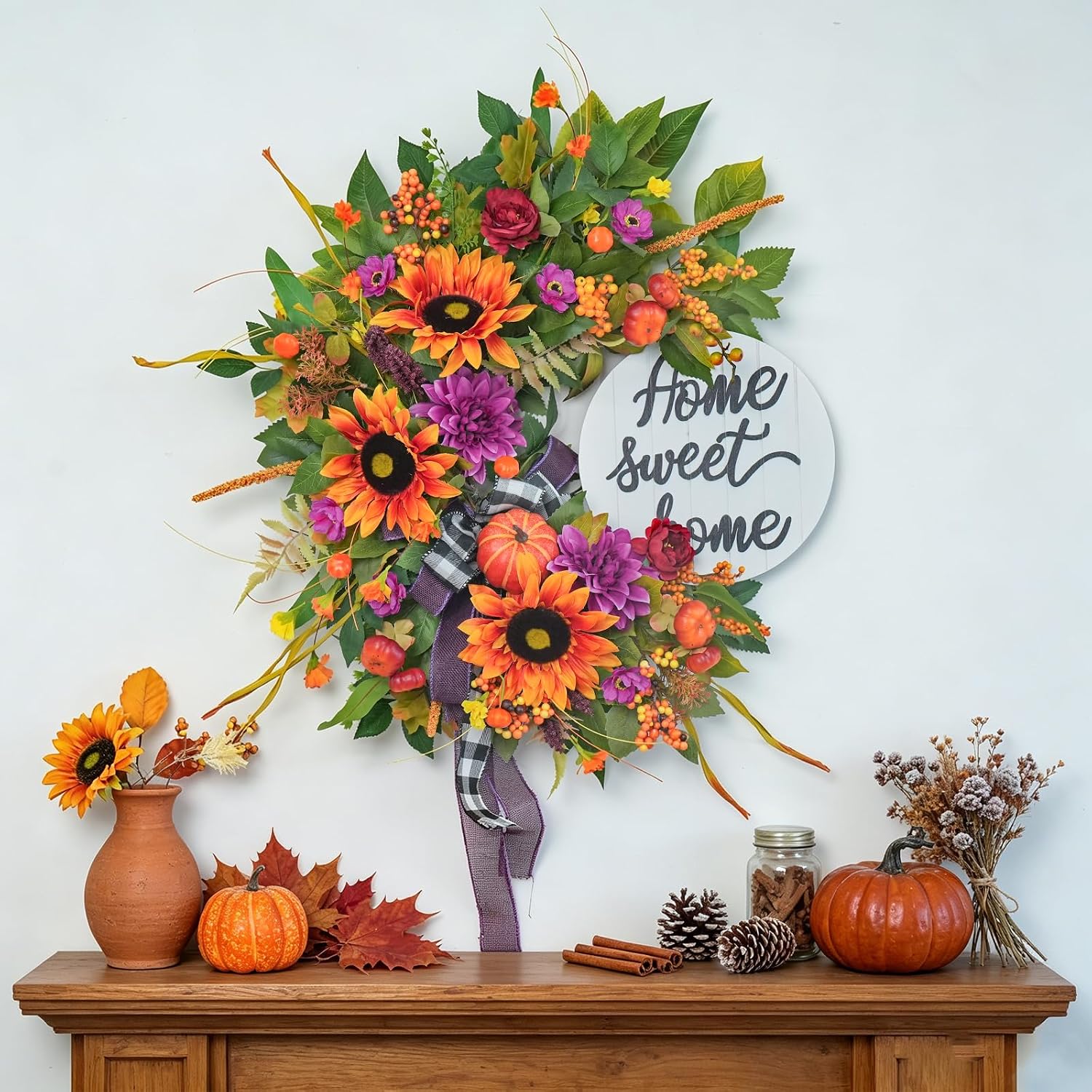 Outdoor Fall Wreath: Sunflowers, Pumpkins, Dahlias & Welcome Sign - Image 7