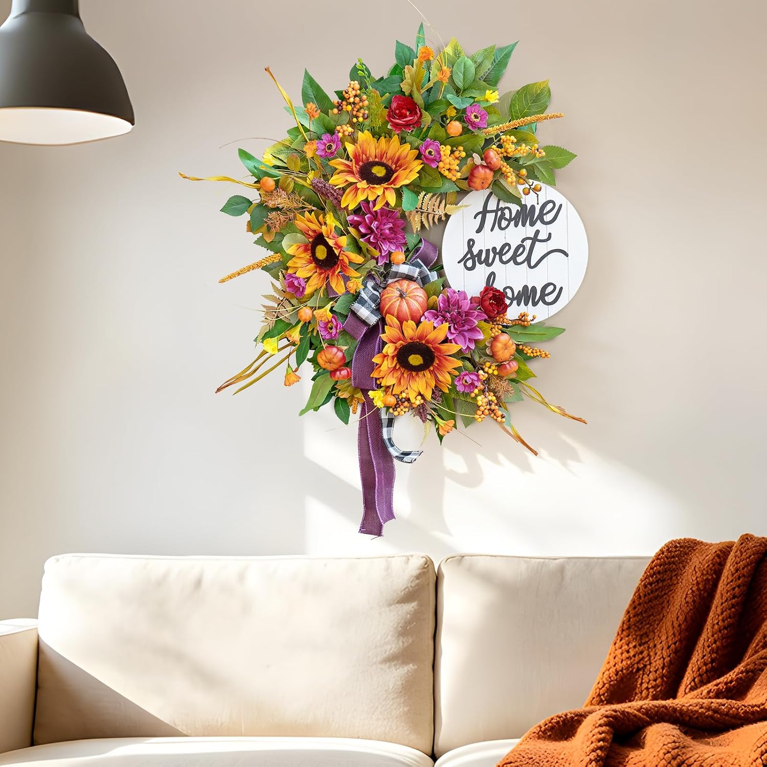 Outdoor Fall Wreath: Sunflowers, Pumpkins, Dahlias & Welcome Sign - Image 8