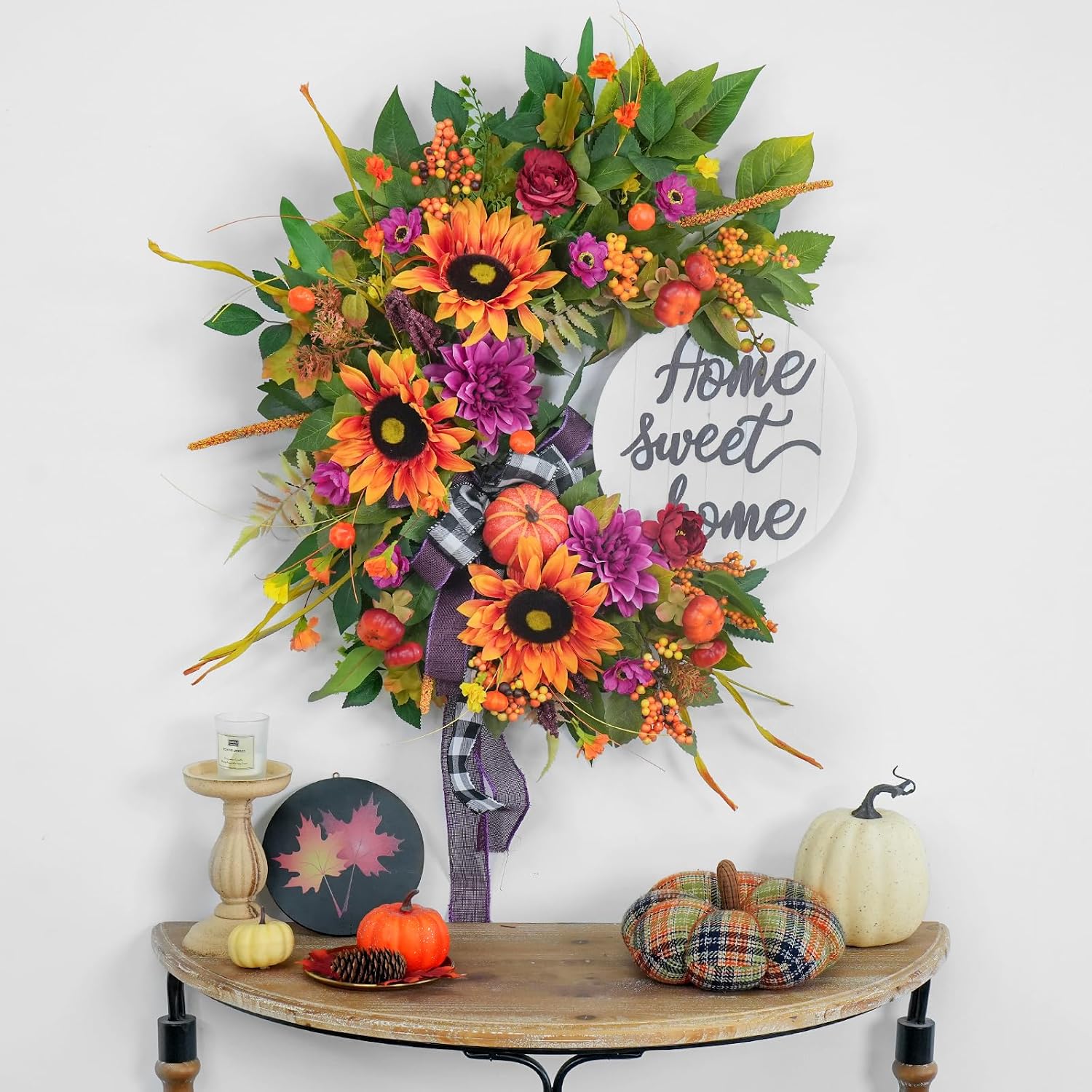 Outdoor Fall Wreath: Sunflowers, Pumpkins, Dahlias & Welcome Sign - Image 9