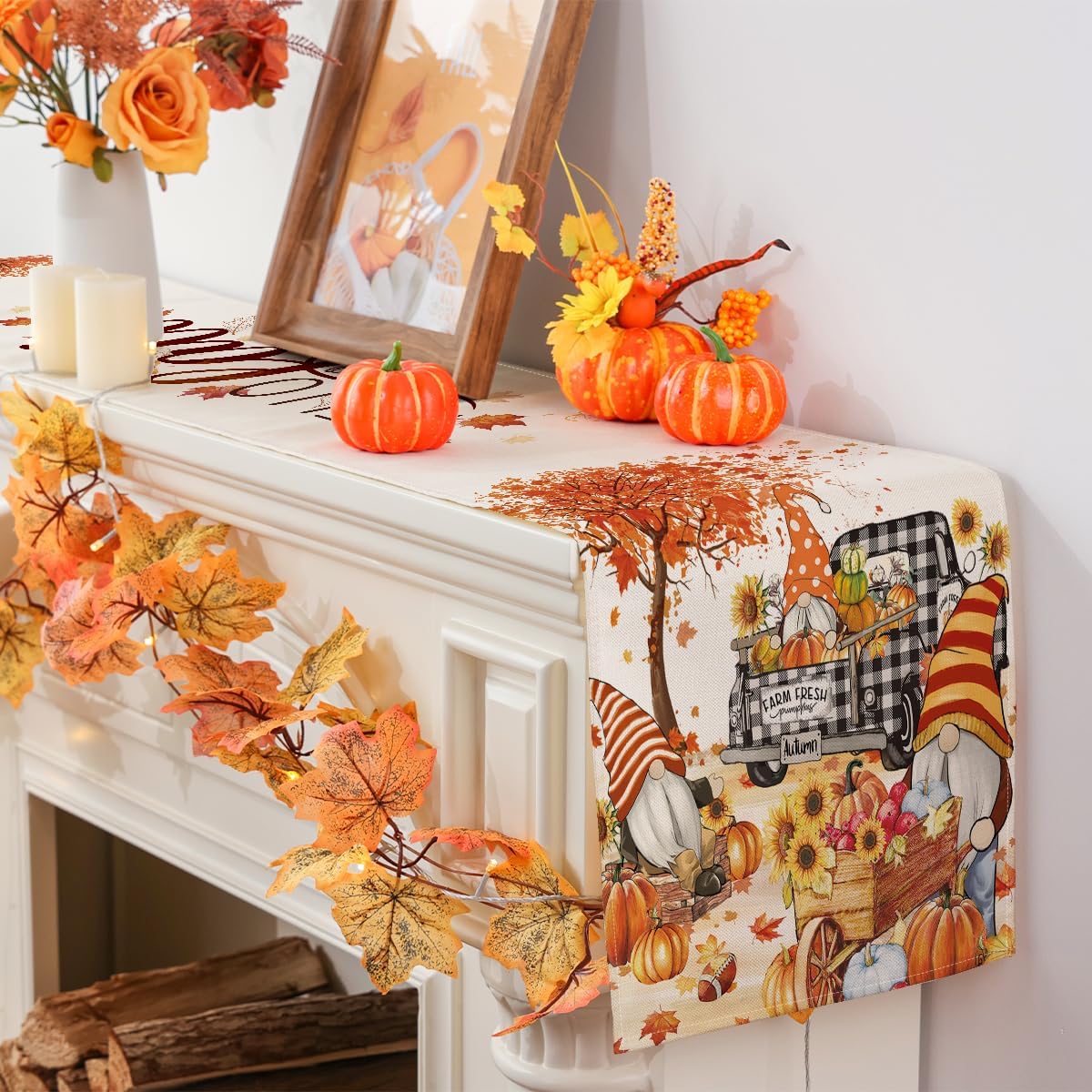 Watercolor Gnome Harvest Truck Fall Table Runner Review 13x36 - Image 3