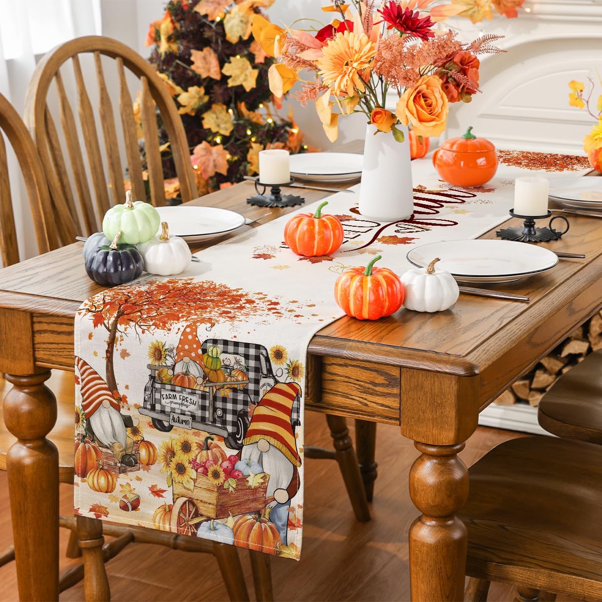 Watercolor Gnome Harvest Truck Fall Table Runner Review 13x36 - Image 4