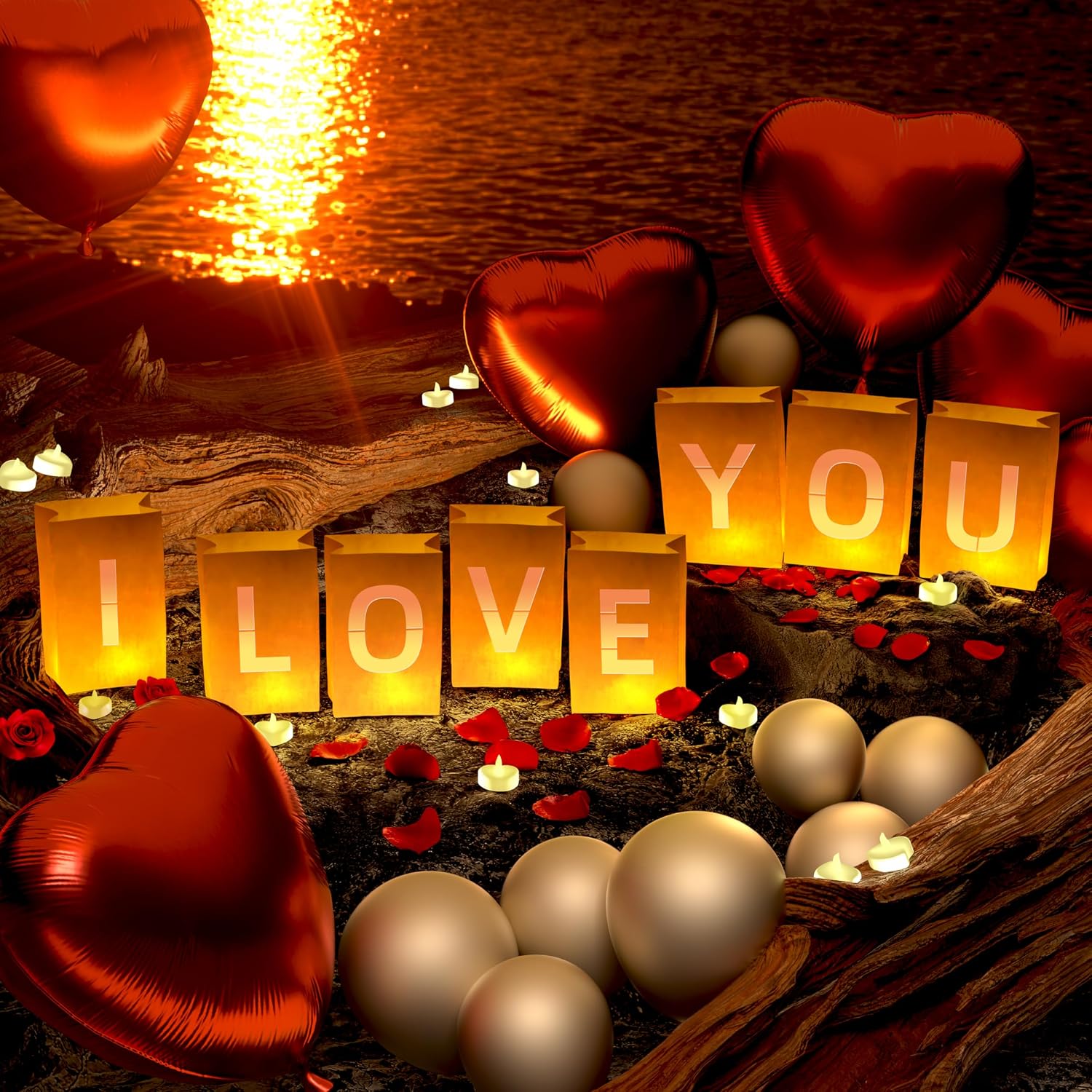"I Love You" Luminary Kit: Letters, Petals, Balloons, Tealights. Anniversaries & V-Day. - Image 3