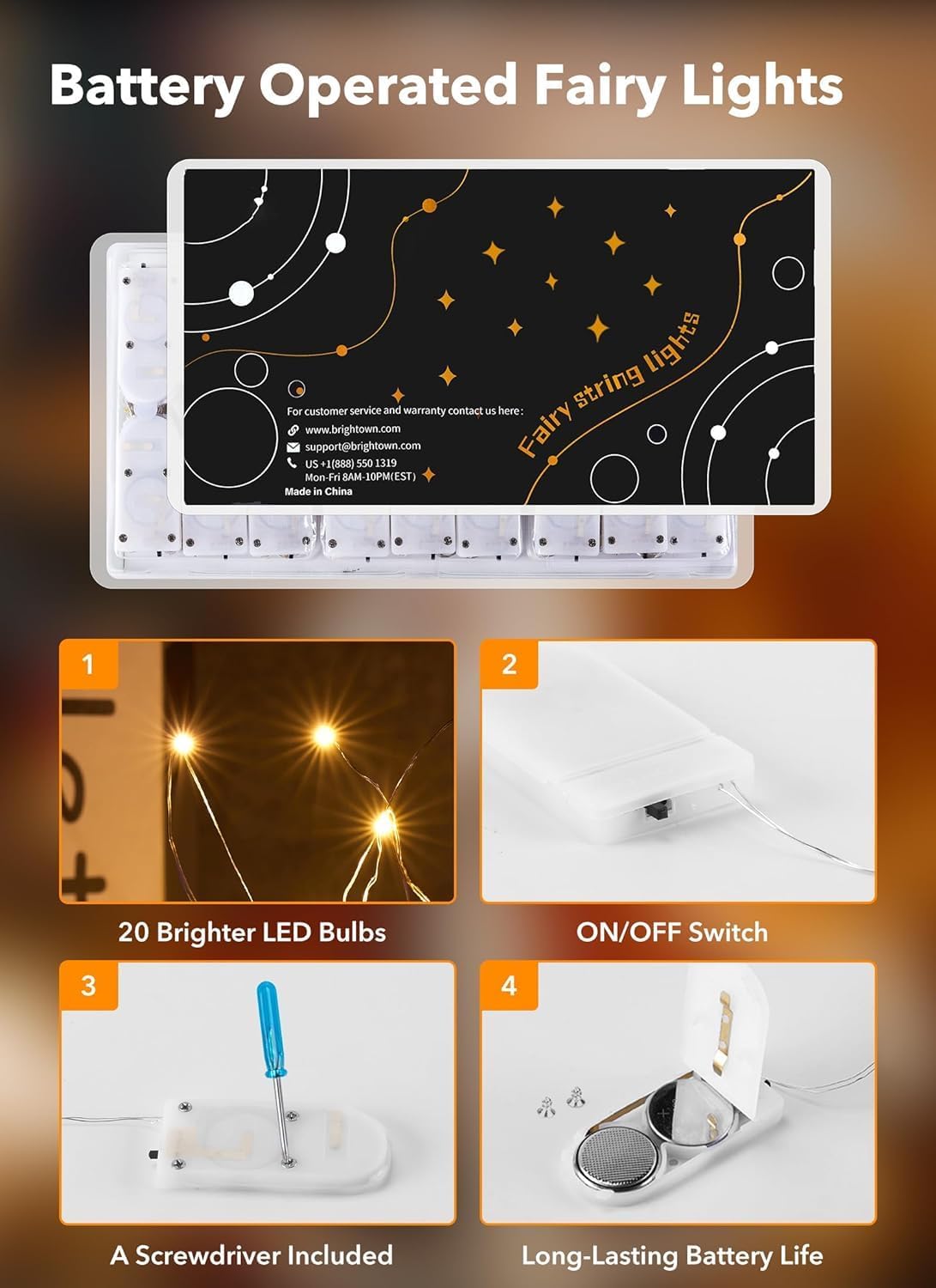 Brightown 12-Pack 7ft Battery LED Fairy Lights: Warm White, Waterproof - Image 3