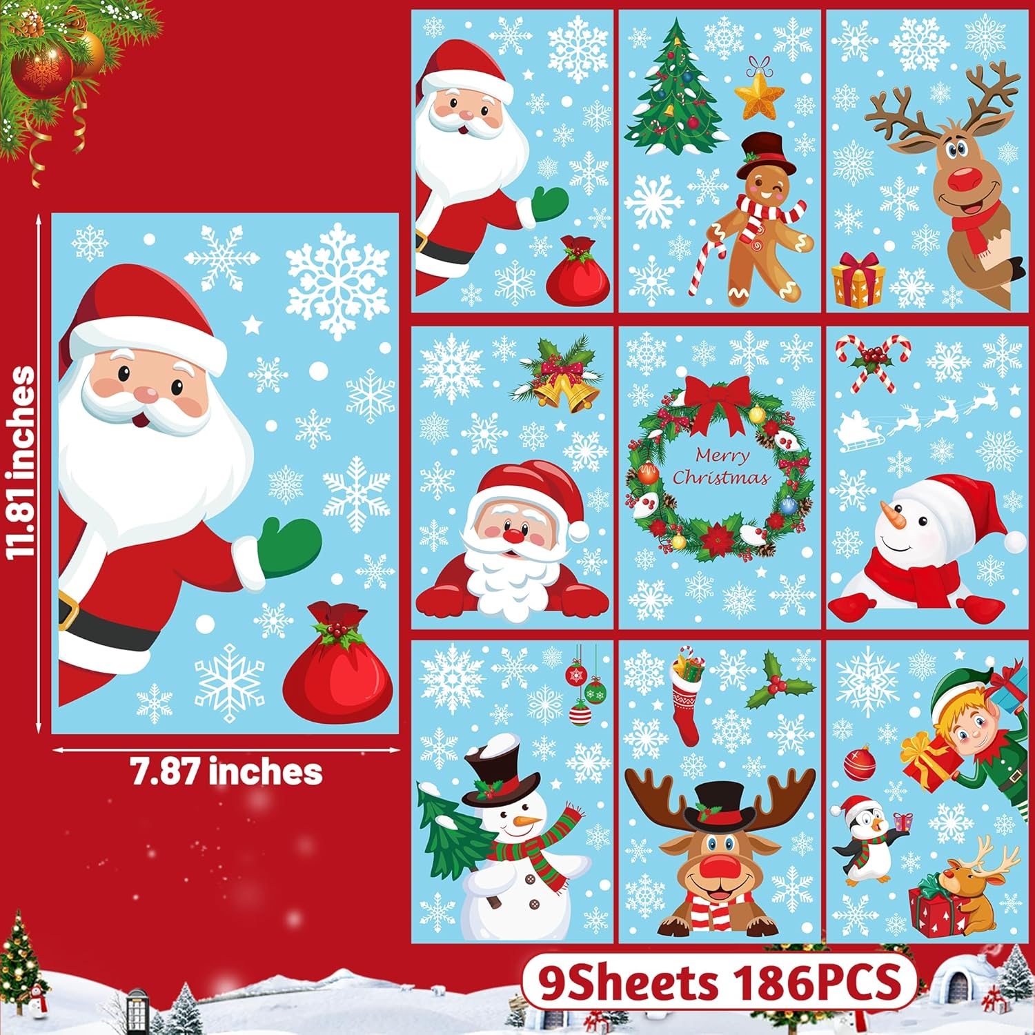 186PC Christmas Window Clings: PVC Snowflakes, Santa, Snowman & Reindeer Decals. - Image 2
