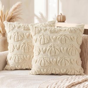 AVOIN colorlife Beige Pumpkin Fall Throw Pillow Covers 18x18 Inch | love Heart Pumpkin Autumn Thanksgiving Harvest Soft Plush Faux Fur Jacquard Cushion Case Decoration for Sofa Couch Set of 2