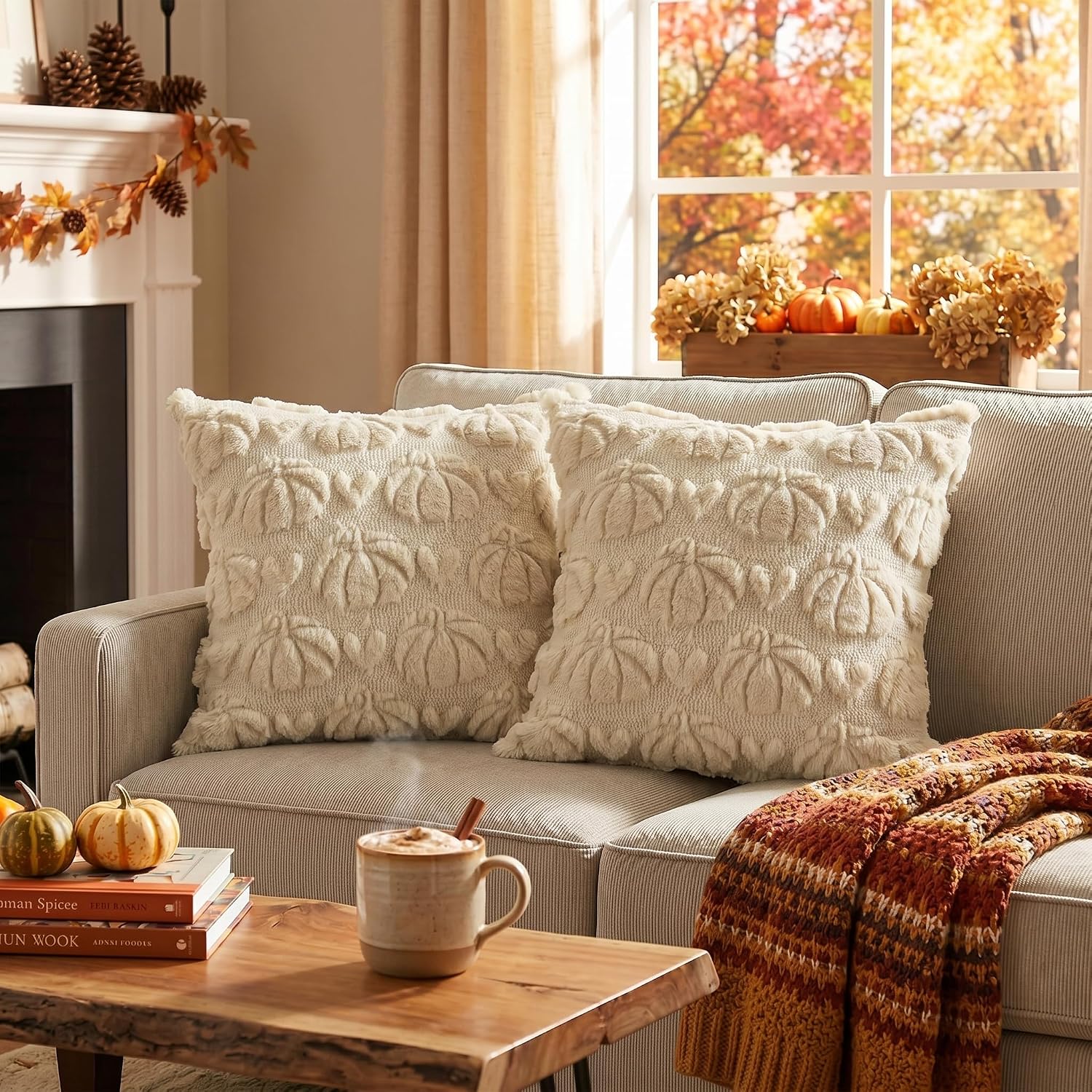 18x18 Beige Pumpkin Fall Plush Faux Fur Throw Pillow Covers (Set of 2) - Image 2