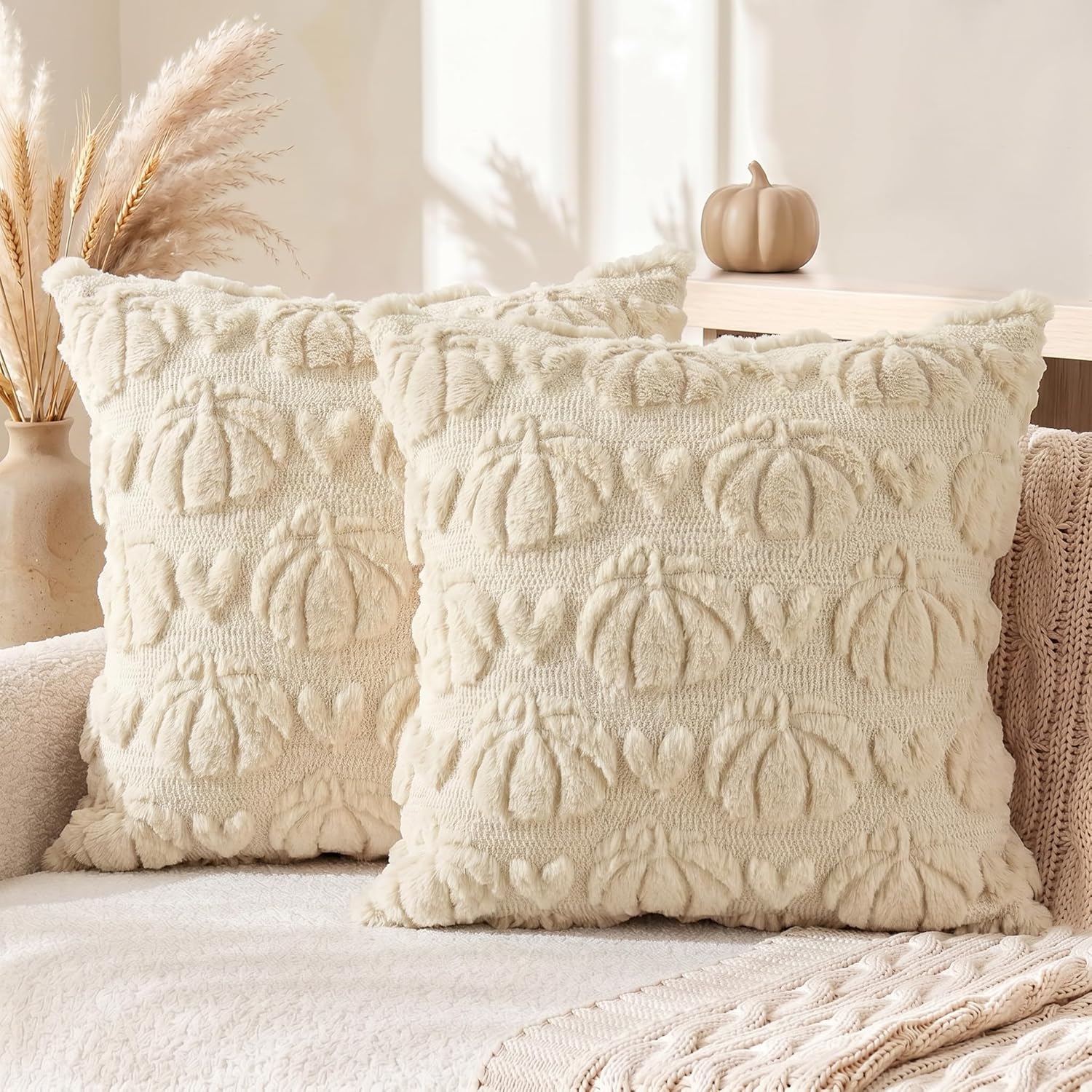 AVOIN colorlife Beige Pumpkin Fall Throw Pillow Covers 18x18 Inch | love Heart Pumpkin Autumn Thanksgiving Harvest Soft Plush Faux Fur Jacquard Cushion Case Decoration for Sofa Couch Set of 2