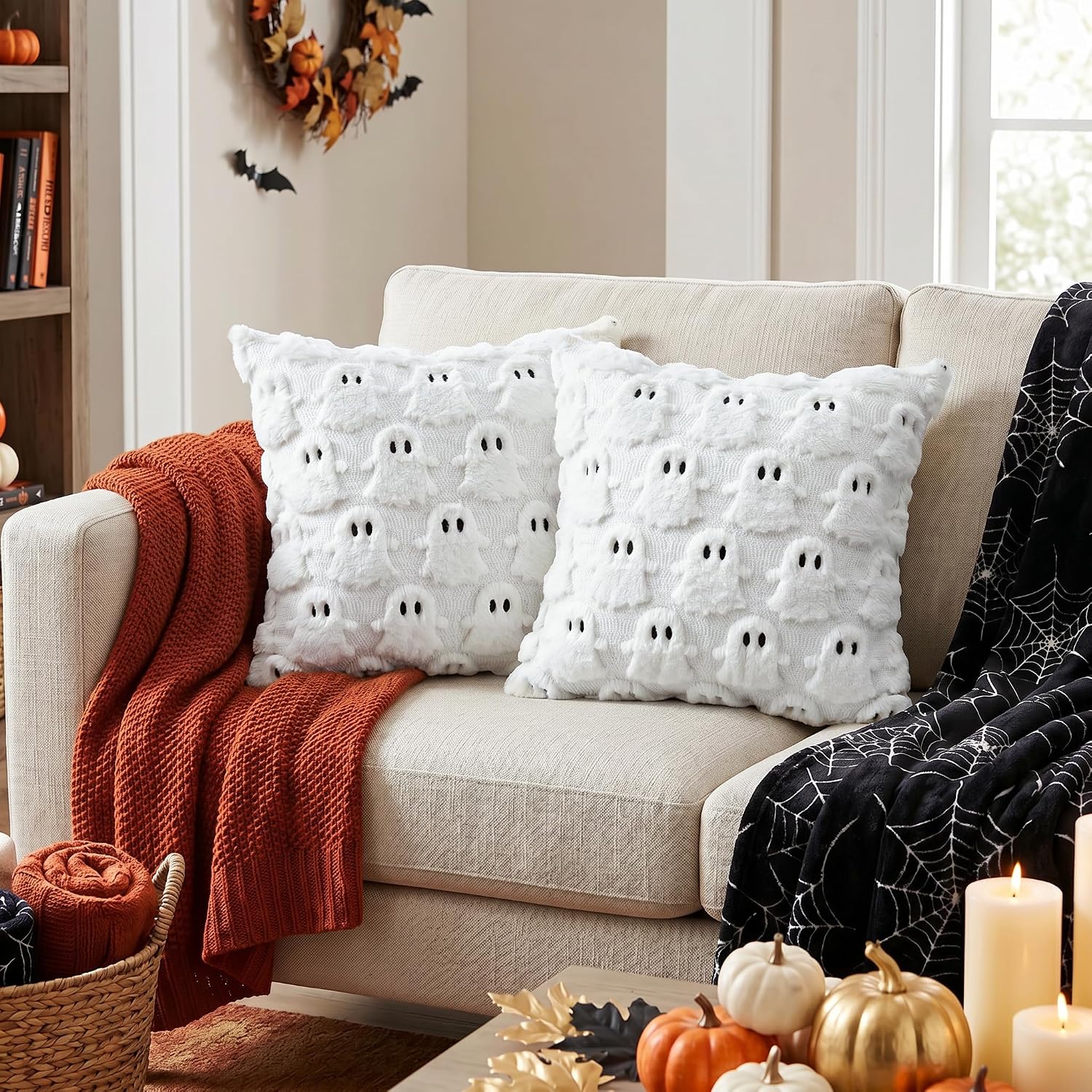 18x18 White Faux Fur Halloween Ghost Pillow Covers (Set of 2) - Image 2