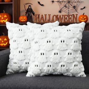 AVOIN colorlife Halloween Ghost White Throw Pillow Cover Set of 2, 18 x 18 Inch Soft Plush Faux Fur Jacquard Spooky Cushion Case Decoration for Sofa Couch